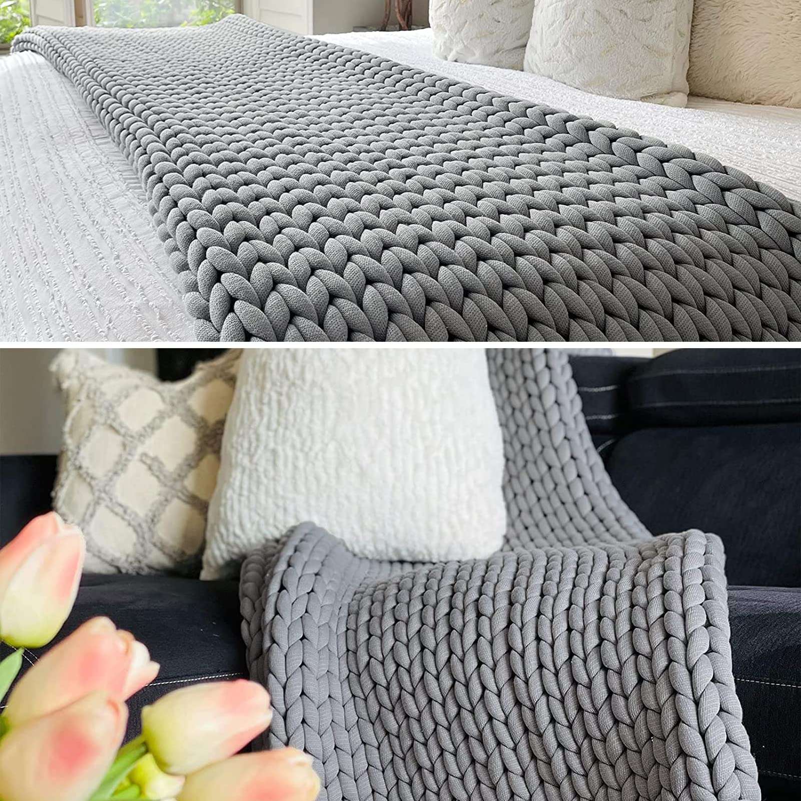 Soft Chunky Knit Throw Blanket for Couch & Bedroom - 100% Cotton Handmade Oversized Blanket (39x47 inches) - Perfect for Cozy Evenings, Netflix Binges & Winter Warmth
