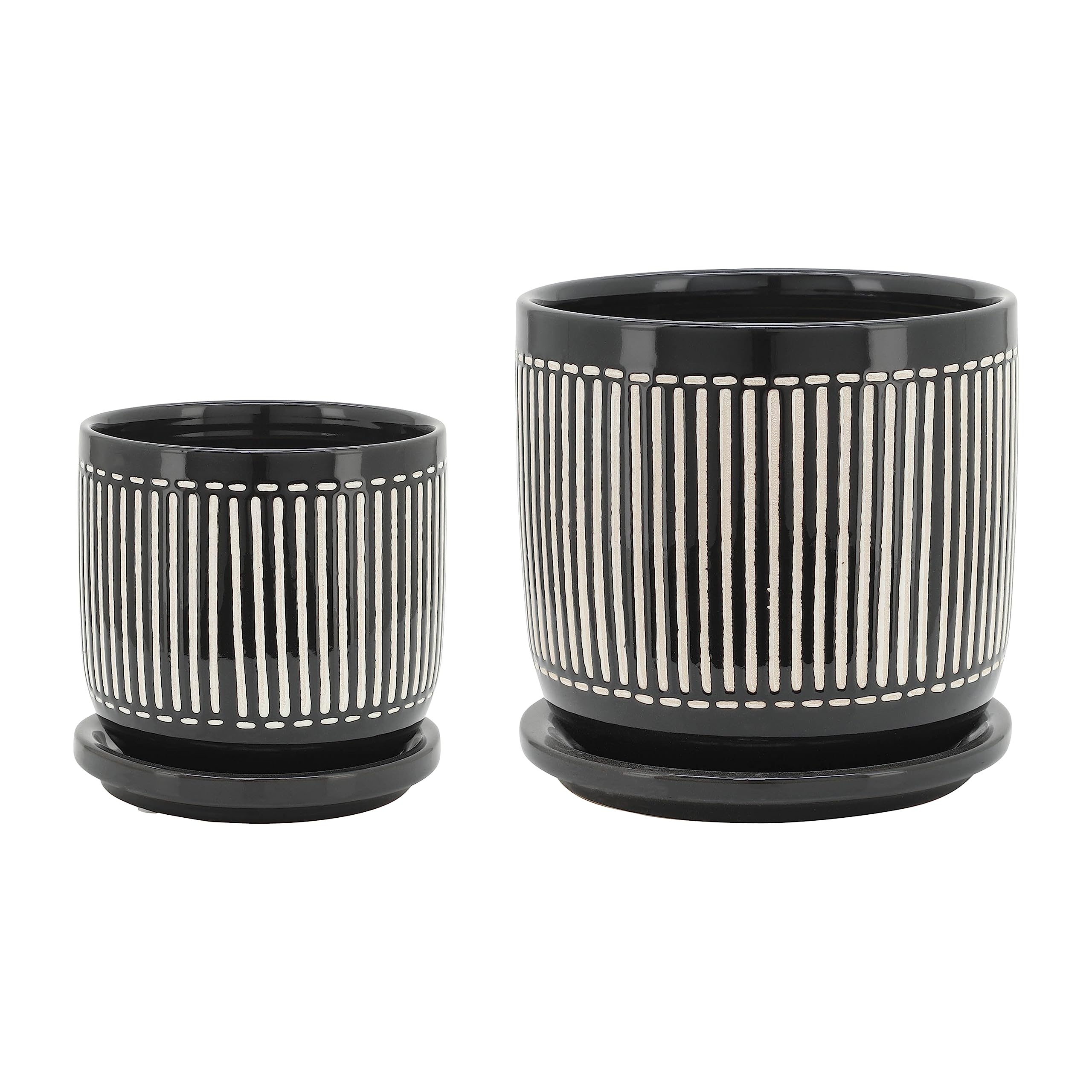 Modern Ceramic Planter Set with Saucers - Durable Stoneware Indoor Outdoor Plant Pots - Striped Design Flower Pots for Home Garden Decor - Set of 2 Black - Perfect for Living Room, Patio, and Office Decor