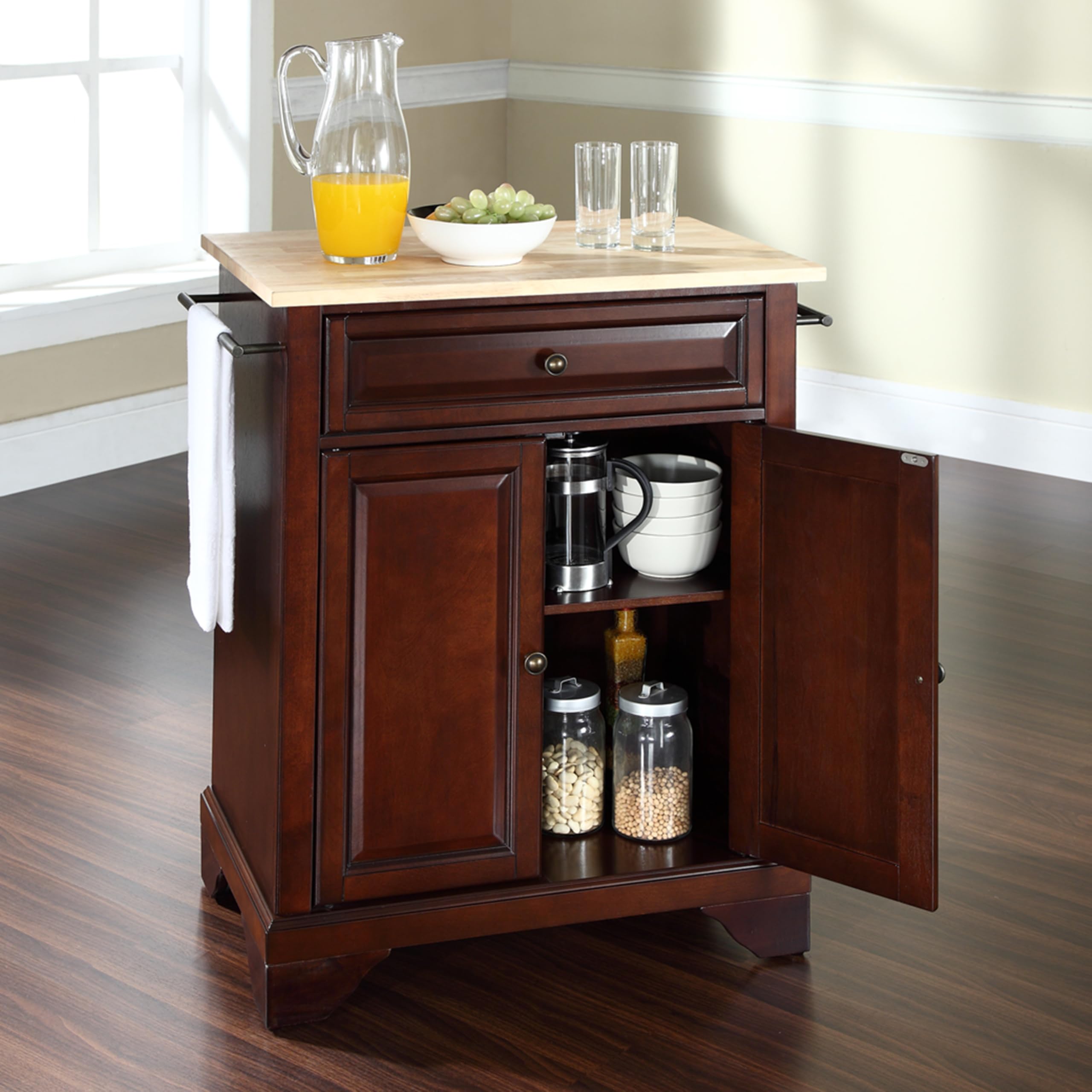 Crosley Lafayette Wood Top Portable Kitchen Island Cart with Wheels - Microwave Stand, Storage Cabinet, Mahogany Finish for Small Spaces - Perfect for Apartments, Dorms & Compact Kitchens