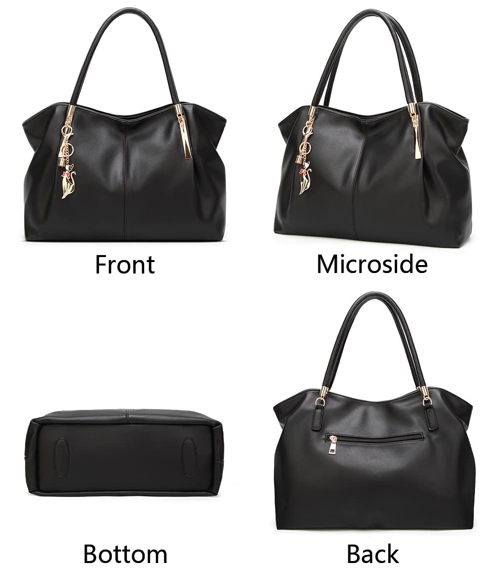 Stylish Women's PU Leather Hobo Tote Satchel Handbag with Fox Pendant - Top Handle & Adjustable Shoulder Strap - Black Purse for Work, Travel & Everyday Use