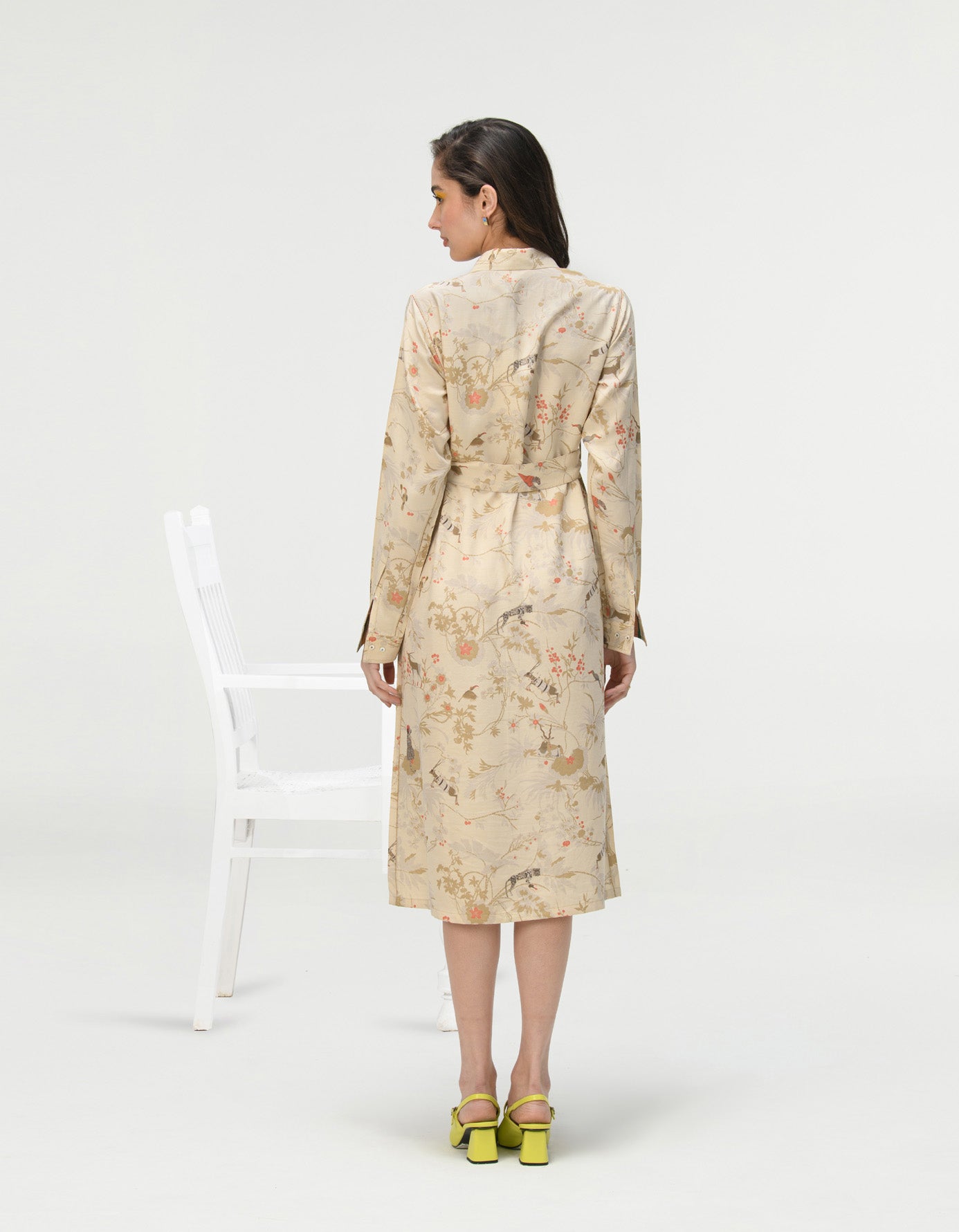 Elegant Tie Belt Shirt Dress in Muga Satin Ivory - Perfect for Office Wear, Casual Outings & Special Occasions
