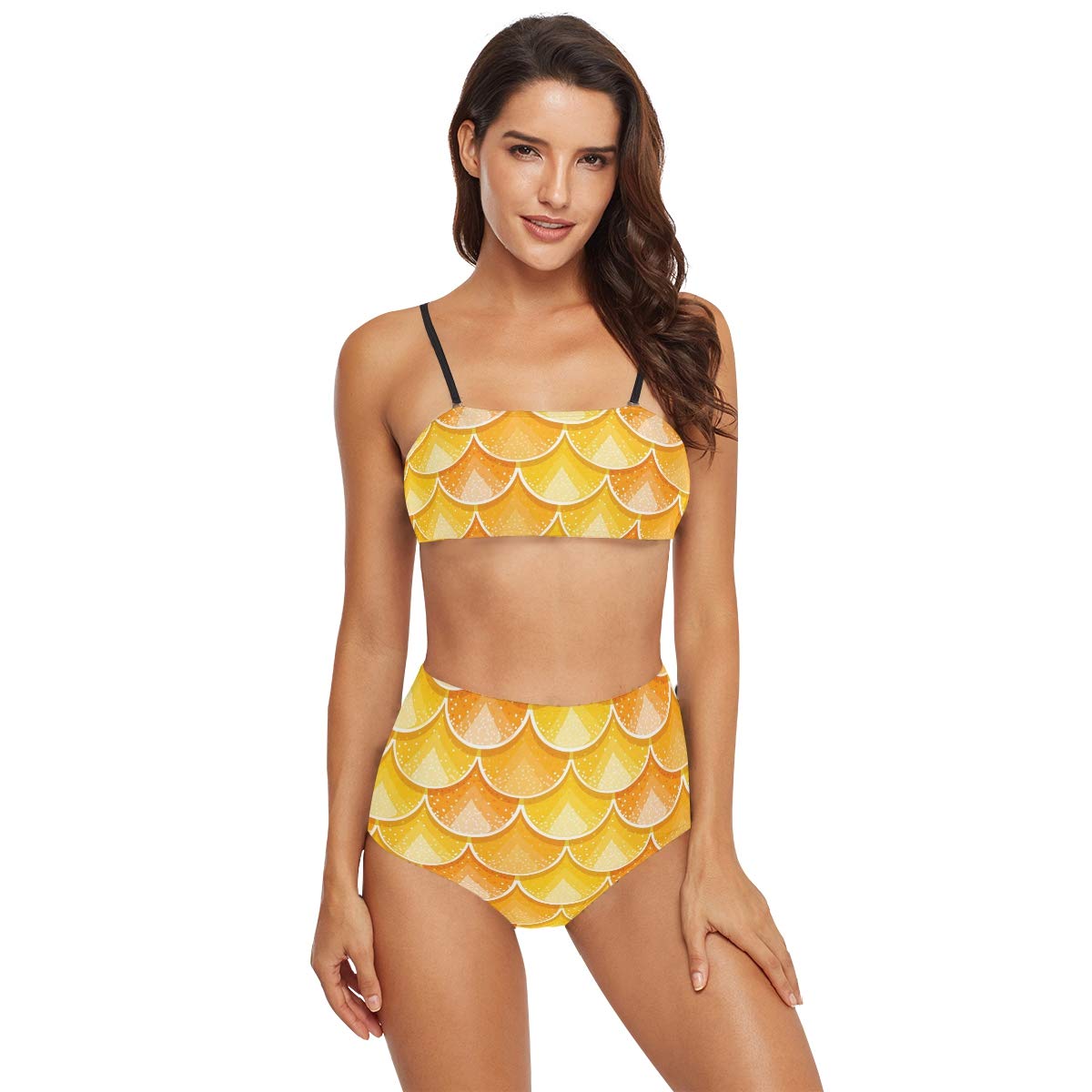High Waisted Bikini Swimsuits for Women - Watercolor Mermaid Yellow Bathing Suit with Padded Top for Beach & Pool