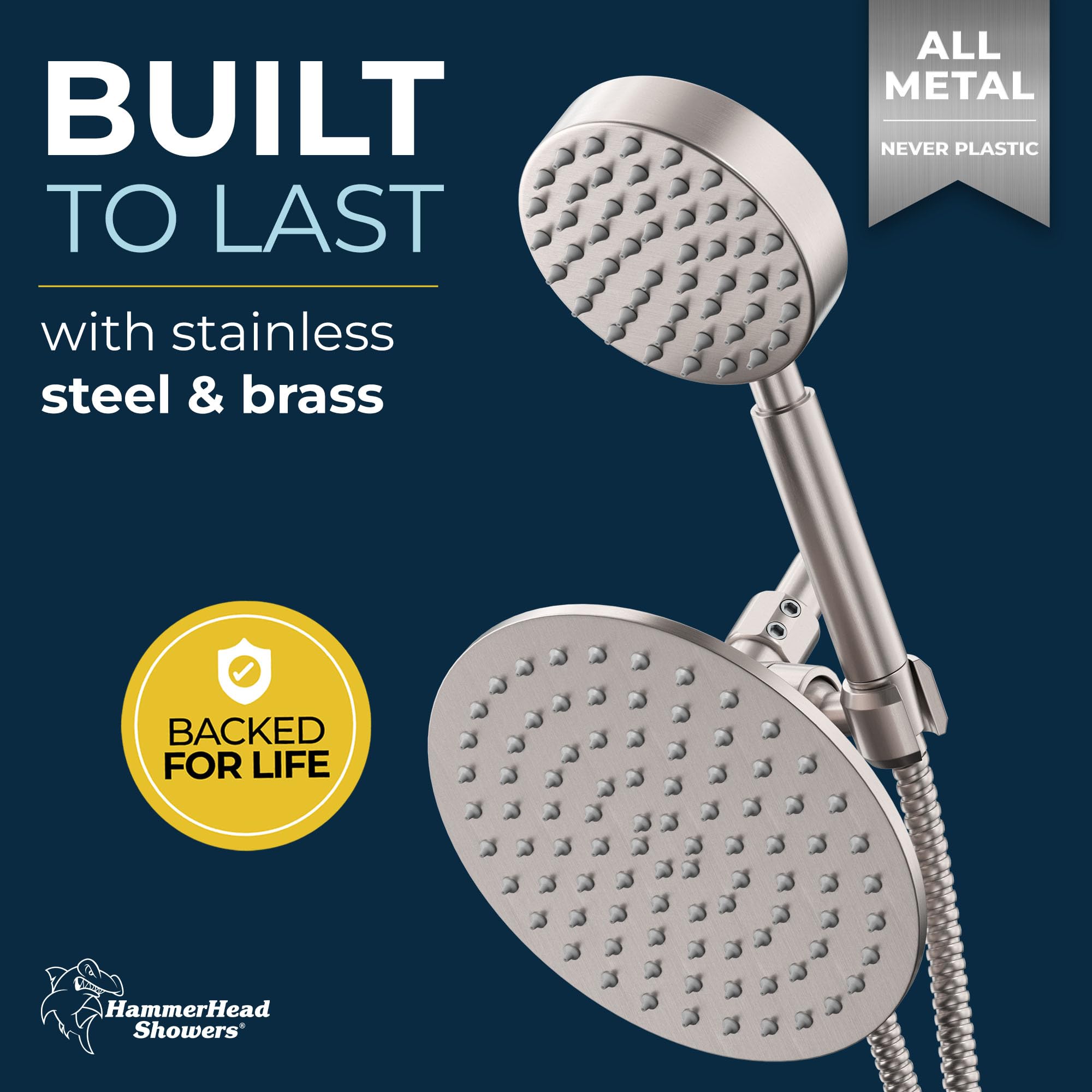 HammerHead Showers® All Metal Dual Shower Head Combo - Brushed Nickel - 8 Inch Rainfall High Pressure Shower System with Handheld Spray and 6ft Hose - Perfect for Luxury Bathrooms, Spa-Like Experience, Hotel Style Bathing & Family Use