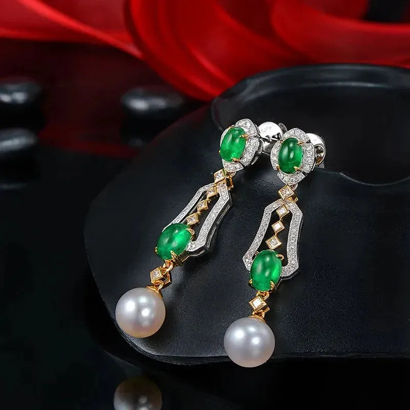 CAIMAO 2.31ctw Natural Cabochon Emerald & Diamond 8mm Pearl 18K Multi-Tone Gold Vintage Drop Earrings for Women | Elegant Evening Wear, Wedding Jewelry Gift