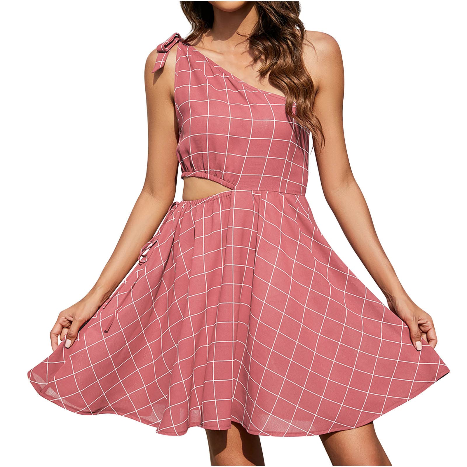 Bohemian Summer Plaid Sleeveless Dress for Women - Flowy Slash Neck Hollow Out Beach Dress | Perfect for Holiday, Vacation & Casual Wear