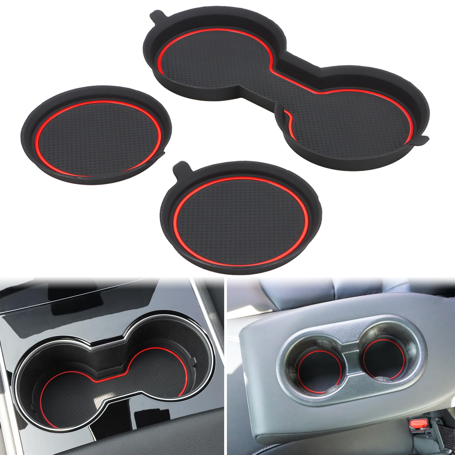 Custom Fit 3D Silicone Cup Holder Coasters for Tesla Model 3 (2017-2023) & Model Y (2020-2023) - Non-Slip Interior Accessories (Red, 3-Pack) | Perfect for Coffee, Drinks & Protecting Your Tesla's Console