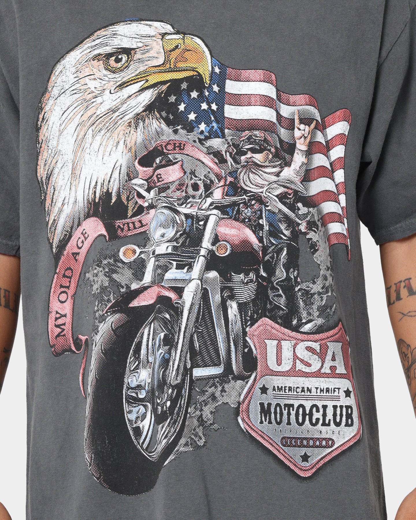 American Thrift Eagle Moto Club Vintage T-Shirt - Off Black | Biker Motorcycle Riding Gear & Retro Streetwear for Men