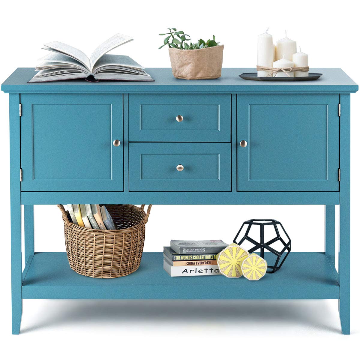 Giantex Wood Buffet Sideboard Storage Cabinet - 2 Drawers & Shelves, Kitchen Dining Room Console Table - Aqua Blue | Perfect for Living Room Storage, Buffet Serving & Home Organization