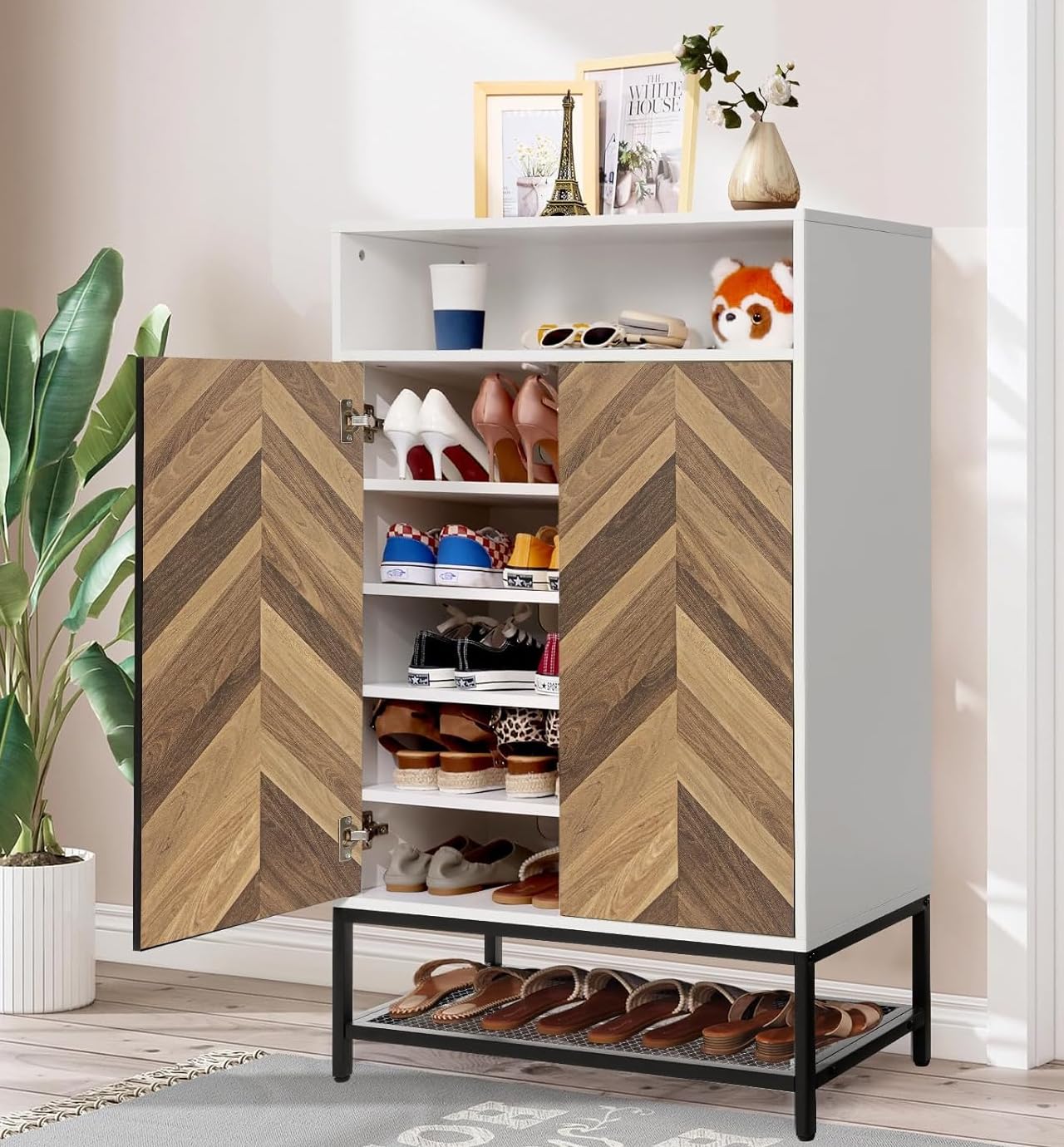 Homdox 7-Tier Wooden Shoe Storage Cabinet with Doors - Holds 24 Pairs, 3 Adjustable Shelves - Entryway, Hallway & Living Room Organizer (White) - Perfect for Small Spaces & Clutter-Free Home Organization