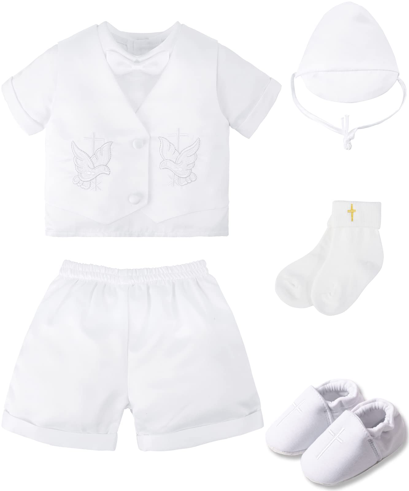 A&J DESIGN White Baby Boy Baptism Outfit - Short Sleeve Christening Romper Set for Newborns 3-18 Months - Perfect for Church Ceremonies, Christenings & Family Photos