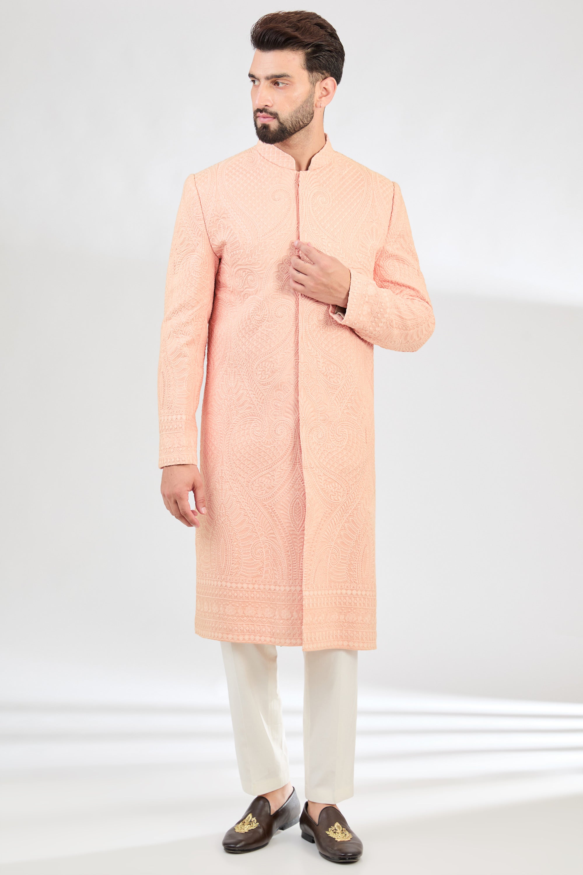 Exquisite Kashmiri Embroidered Peach Sherwani for Men - Traditional Indian Wedding Attire & Festive Occasions