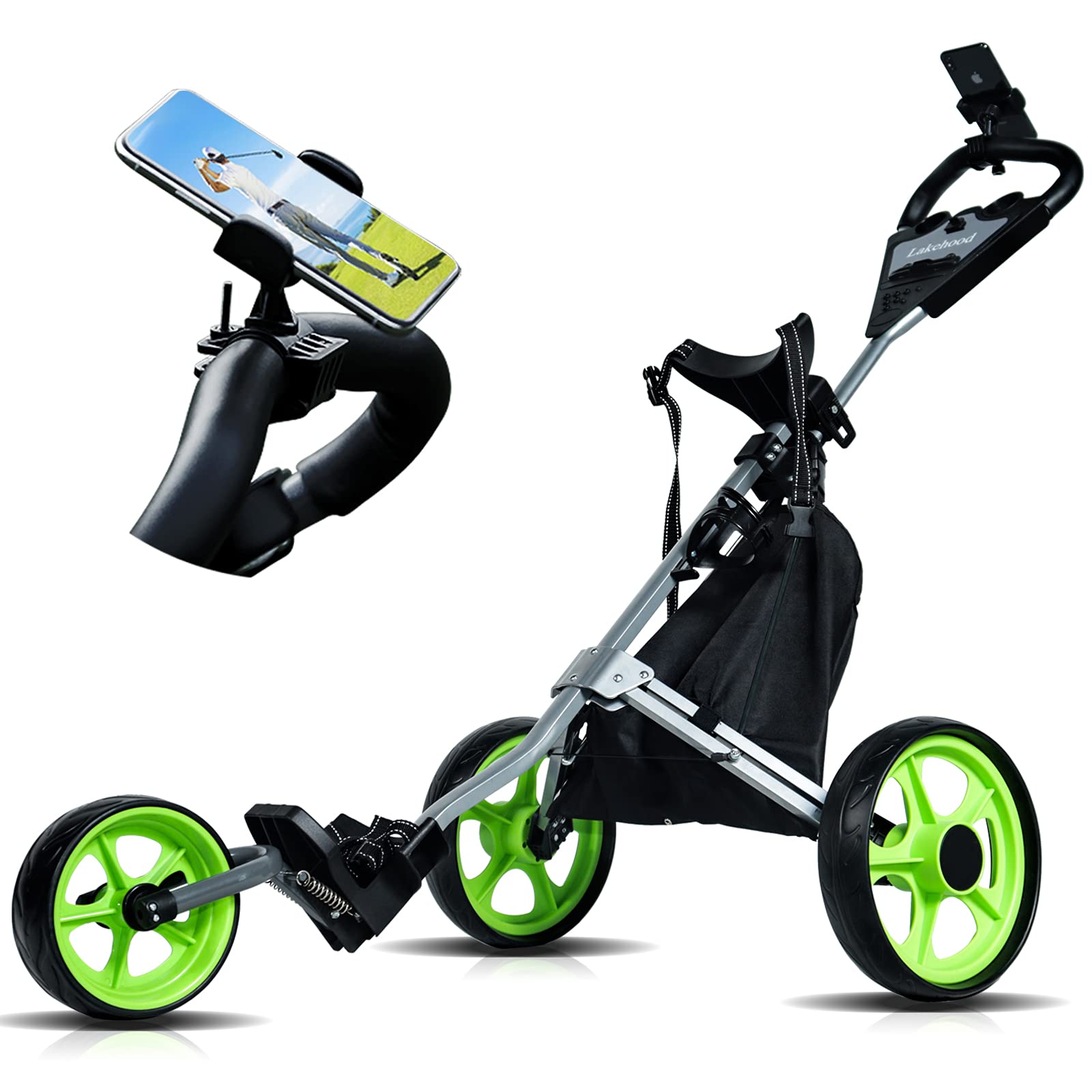 Premium 3-Wheel Golf Push Cart - Lightweight & Easy Fold Golf Pull Cart for Clubs & Bag with Scorecard Holder, Phone Mount & Storage Bag - Ideal for Course, Driving Range & Practice (Green)