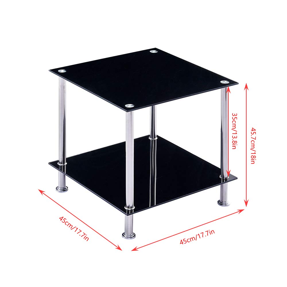 Modern Corner Sofa Side Table with Storage Shelf - 2-Tier Square End Table & Nightstand, Tempered Glass Top & Chrome Legs (Black) - Perfect for Living Room, Bedroom, or Office Use