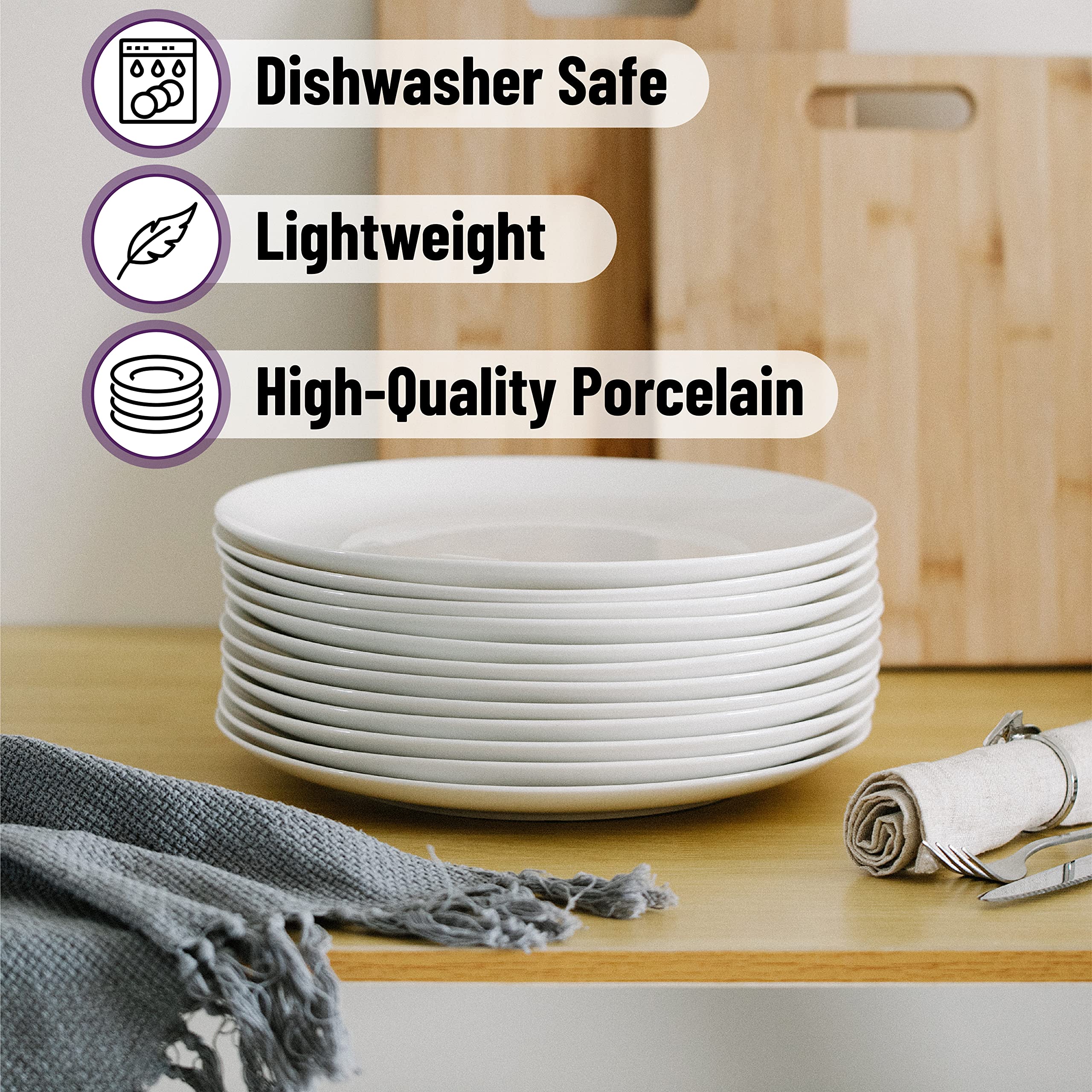BTaT- 12-Pack 10.5 Inch White Porcelain Dinner Plates Set - Bulk Restaurant Dishes for Fine Dining, Catering & Home Entertaining