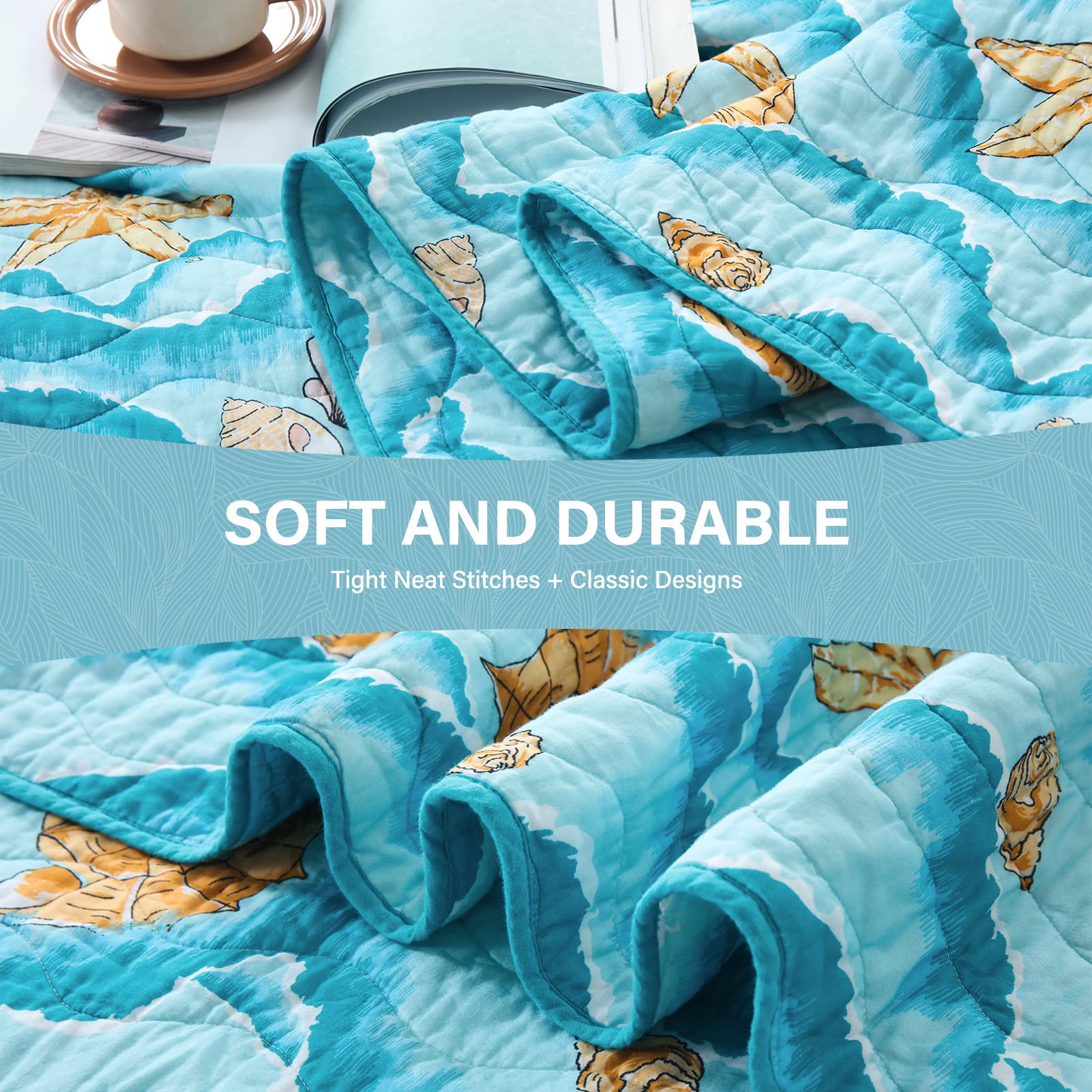 SahSahCasa Twin Size 100% Cotton Quilt Set - Reversible Lightweight Summer Comforter Bedspread for Kids & Adults, Coastal Blue, 2-Piece Bedding Set | Perfect for Guest Rooms, Beach Houses & Dorm Rooms