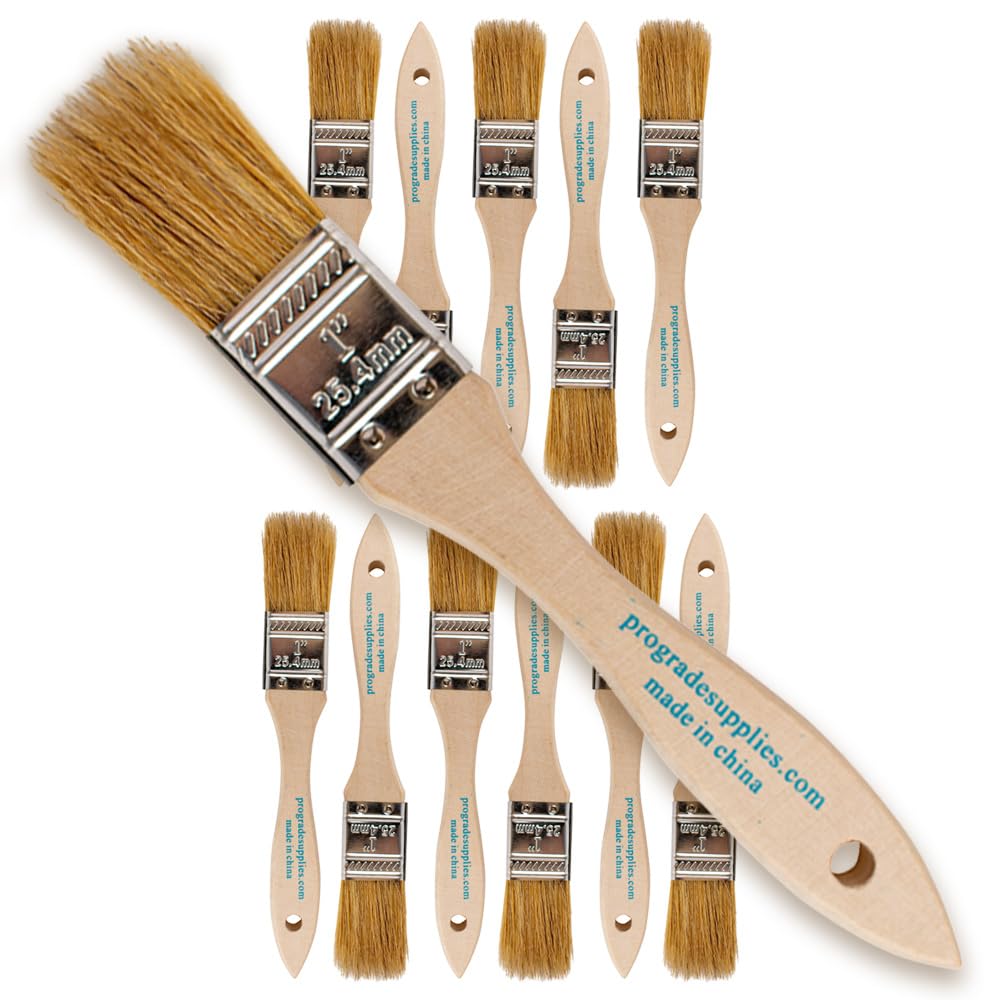 Professional Grade 1 Inch Chip Paint Brushes - Pack of 12 Light Brown Natural Bristle Brushes for Wood Staining, Furniture Repair & DIY Crafts