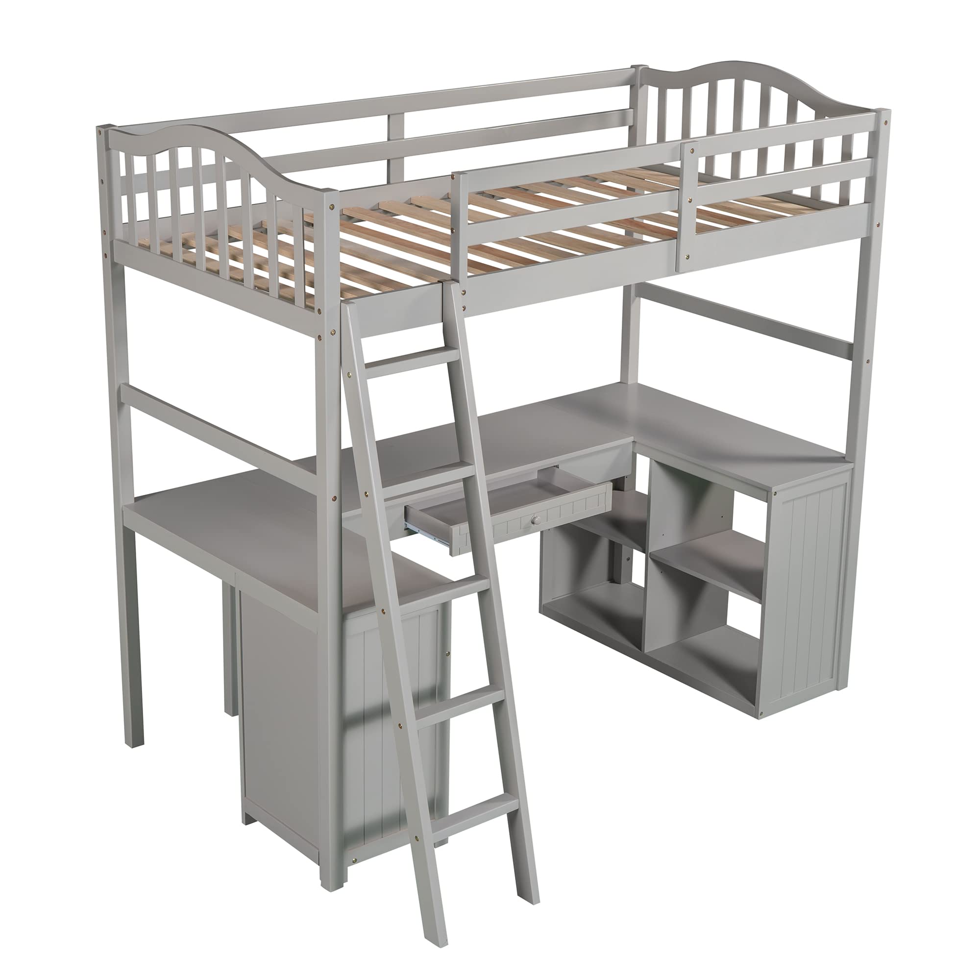 Merax Twin Size Wooden Loft Bed with Built-in Desk, 2 Drawers & Storage Cabinet - Space-Saving Multi-Functional Bed Frame with Ladder & Safety Guardrails - No Box Spring Needed - Grey - Perfect for Kids Rooms, Small Apartments & Dorm Rooms