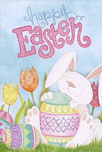 Pictura Smiling Rabbit Holding Large Colored Egg - Easter Greeting Card for Friends & Family - Perfect for Easter Celebrations, Spring Gifts & Holiday Wishes