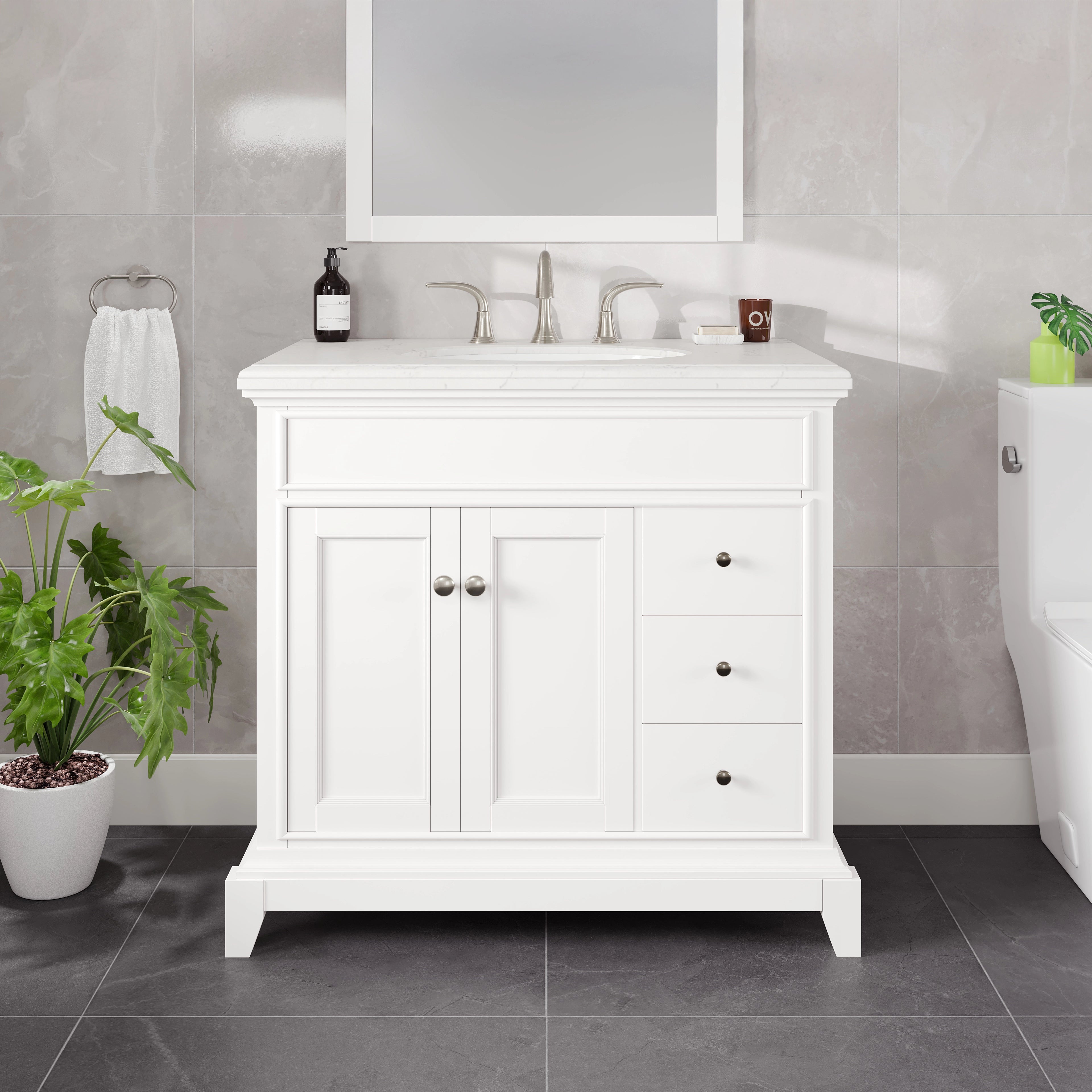 Elite Stamford 36 Inch White Bathroom Vanity Set with Carrara Marble Quartz Countertop & Undermount Porcelain Sink - Modern Single Sink Vanity for Master Bath, Guest Bath or Powder Room