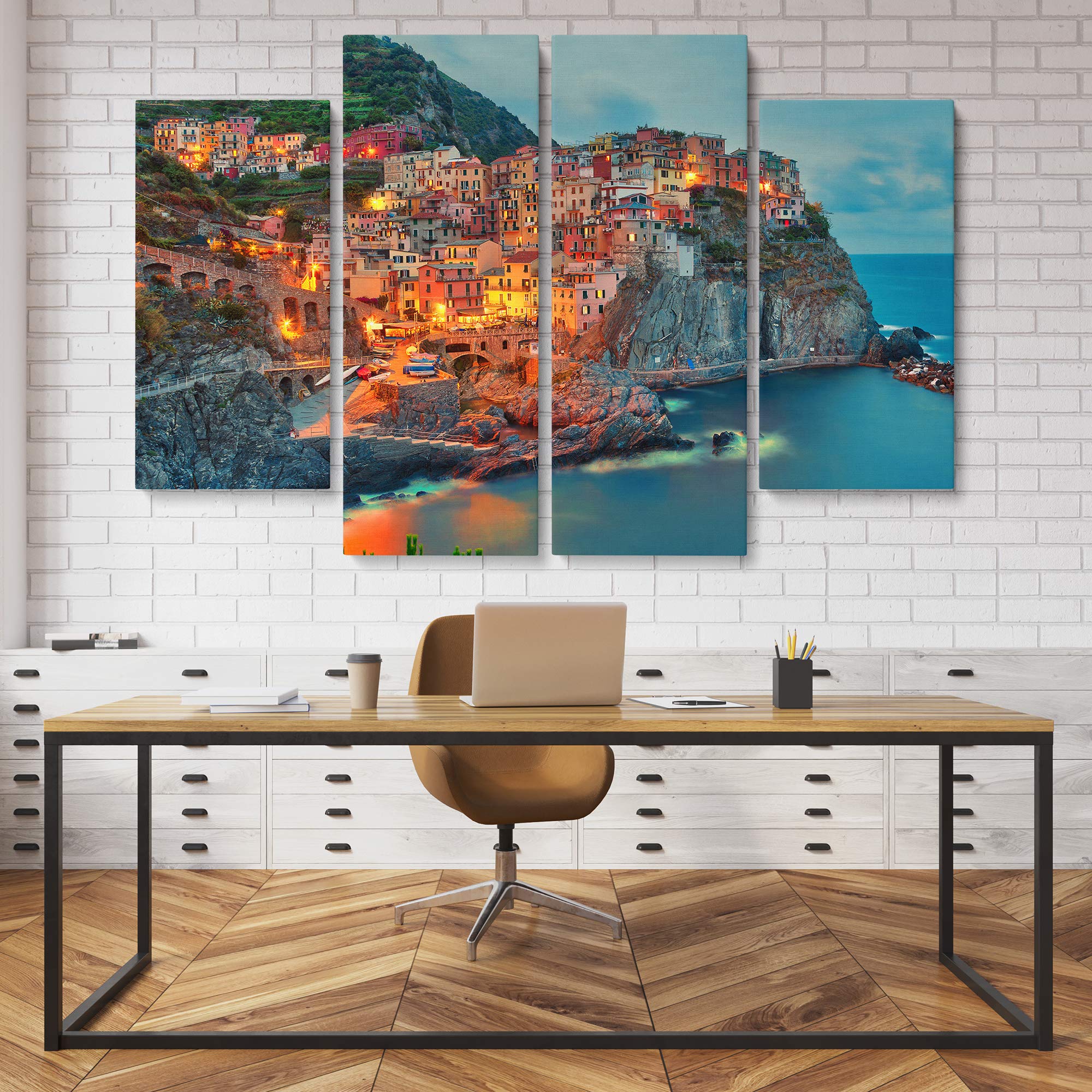 Manarola Cinque Terre Italy Landscape Canvas Art Print - 4 Piece Set of Liguria Houses Wall Decor for Living Room, Bedroom & Office - Travel Inspired Home Decor