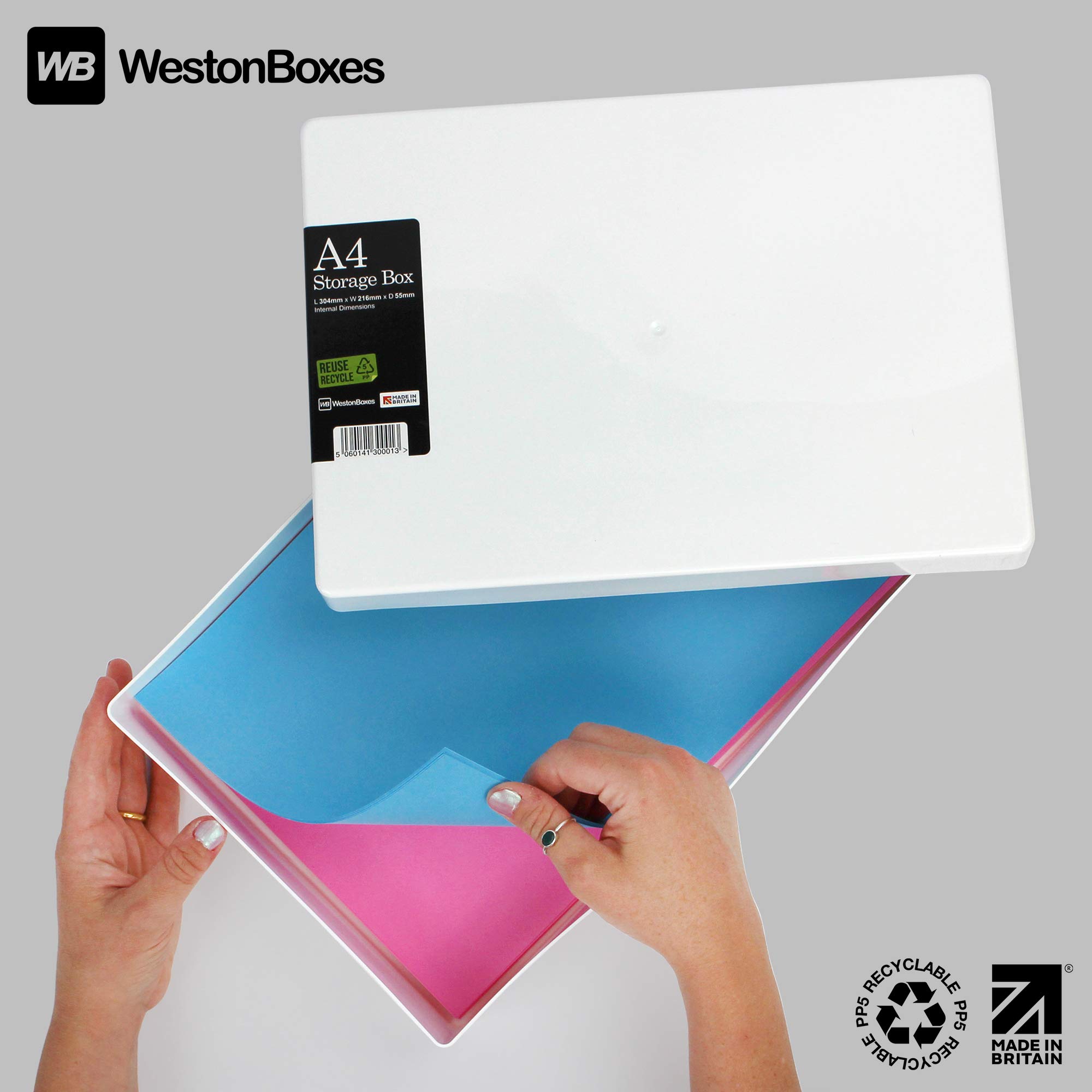 WestonBoxes A4 Opaque White Craft Storage Boxes with Lids - 3.6L Impact Resistant Organizer for Art Supplies, Paper, Cards | Pack of 5 | Perfect for Artists, Scrapbooking & Office Organization
