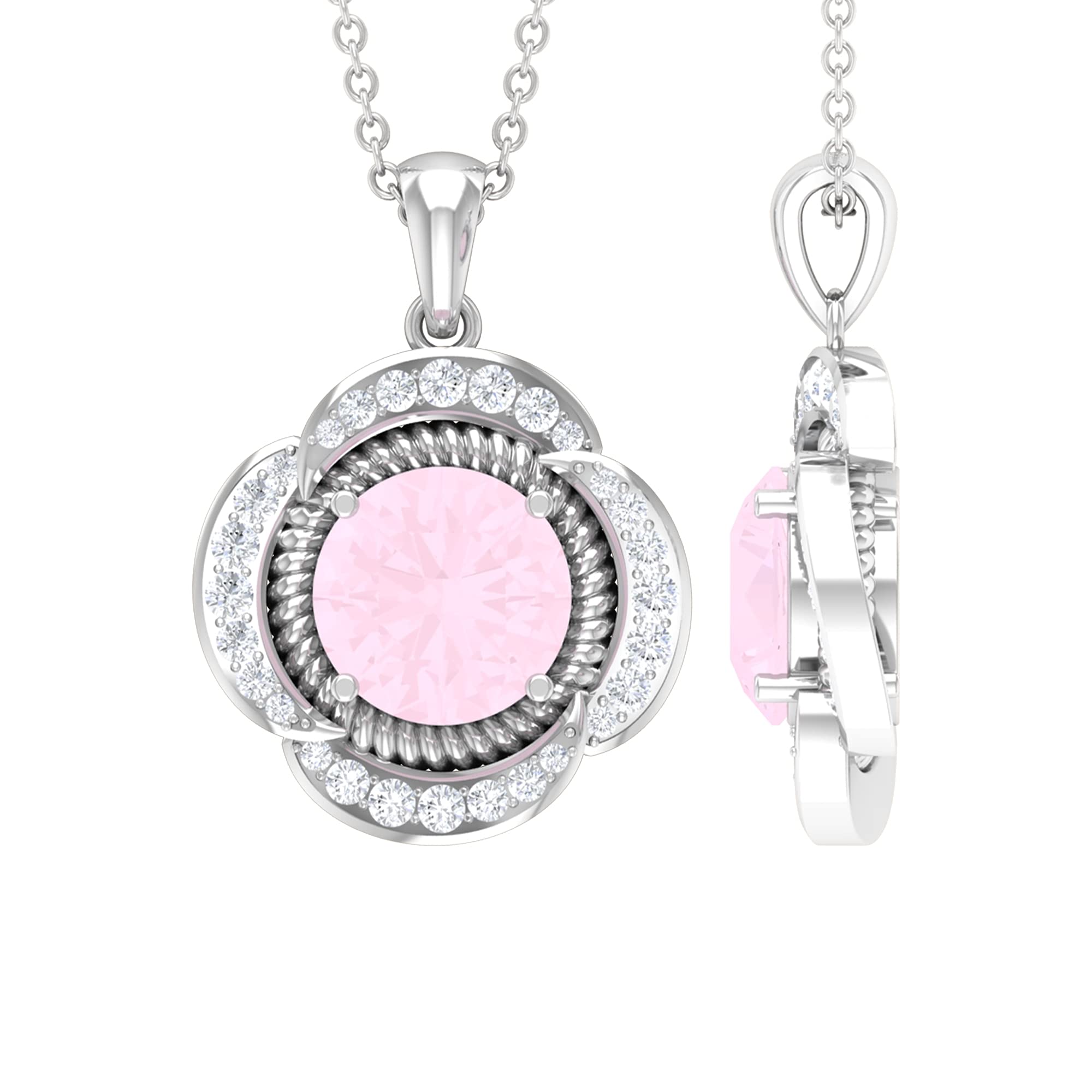 1/2 CT Rose Quartz and Moissanite Flower Pendant Necklace - 14K White Gold AAA Quality Rose Quartz Jewelry for Women - Perfect for Valentine's Day, Anniversary, Birthday Gifts & Everyday Elegance