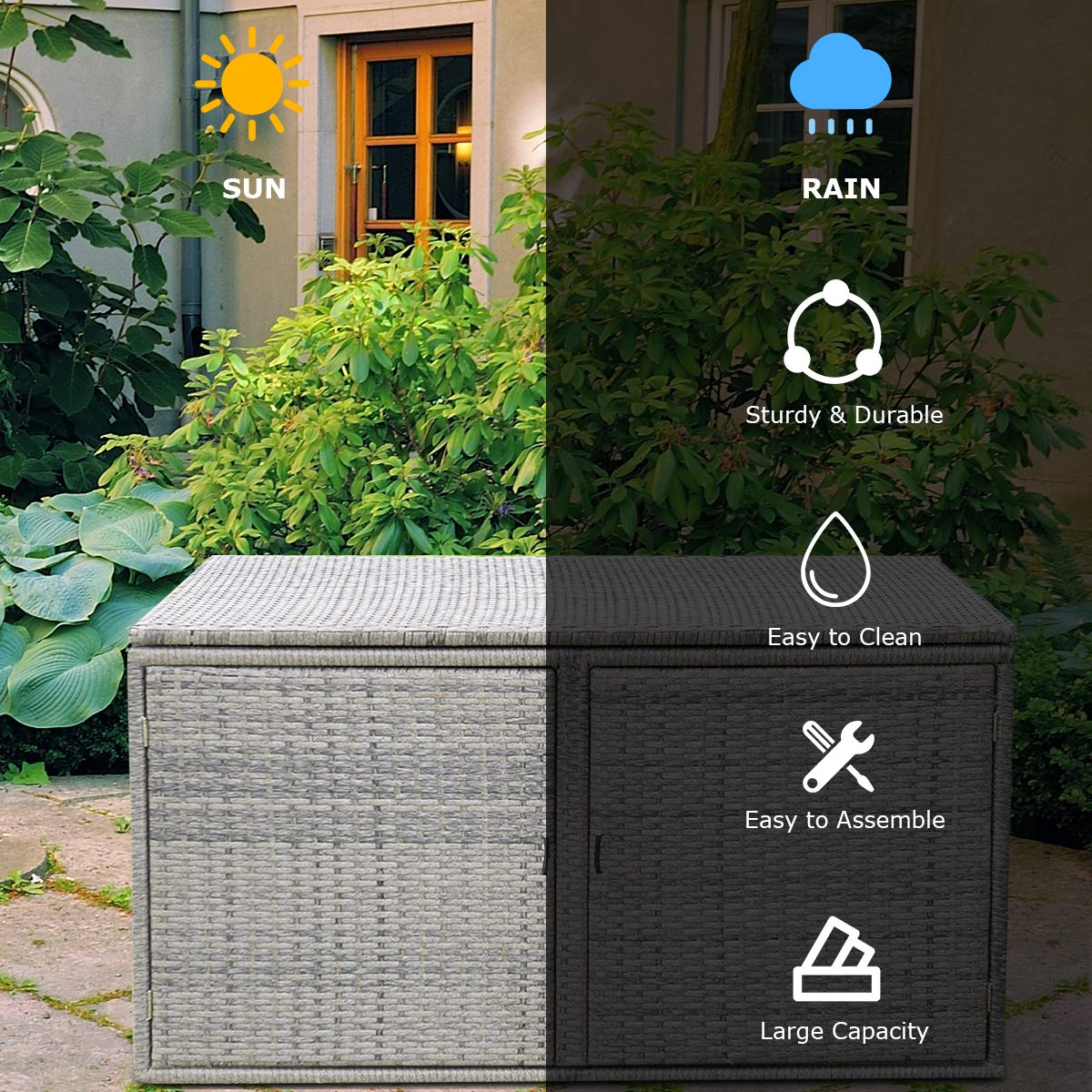 LDAILY Rattan Storage Box with 2 Shelves & Lid - Wicker Deck Box for Outdoor Garden, Backyard, Patio - Organize Accessories, Tools, Toys - Weather-Resistant Grey Storage Solution for Home & Yard Organization