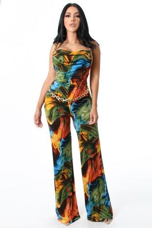 Regel Women's Multi-Color Abstract Print Gold Link Accent Jumpsuit - Stylish Party Outfit for Evening Events & Special Occasions