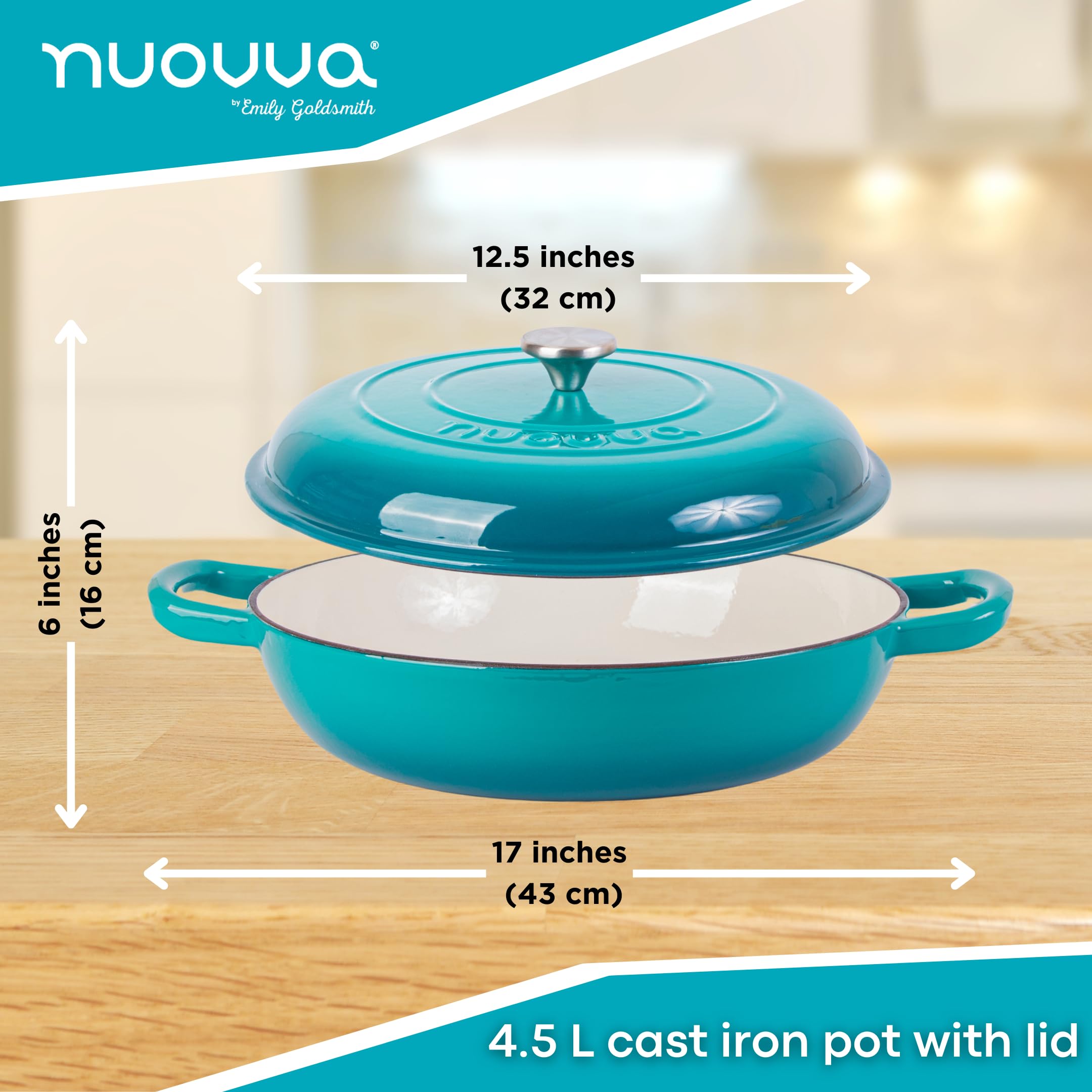Nuovva 5-Quart Enameled Cast Iron Dutch Oven with Lid – Nonstick, Oven & Stovetop Safe up to 500°F – 32cm Teal Casserole Pot for Braising, Stewing & Baking – Perfect for Soups, Roasts & Bread Making