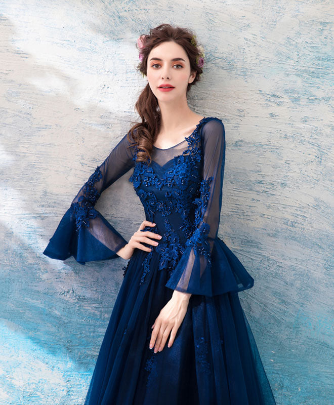 Elegant Blue Round Neck Lace Tulle Long Prom Dress for Women - Romantic Lace Evening Gown for Formal Events, Homecoming, and Special Occasions