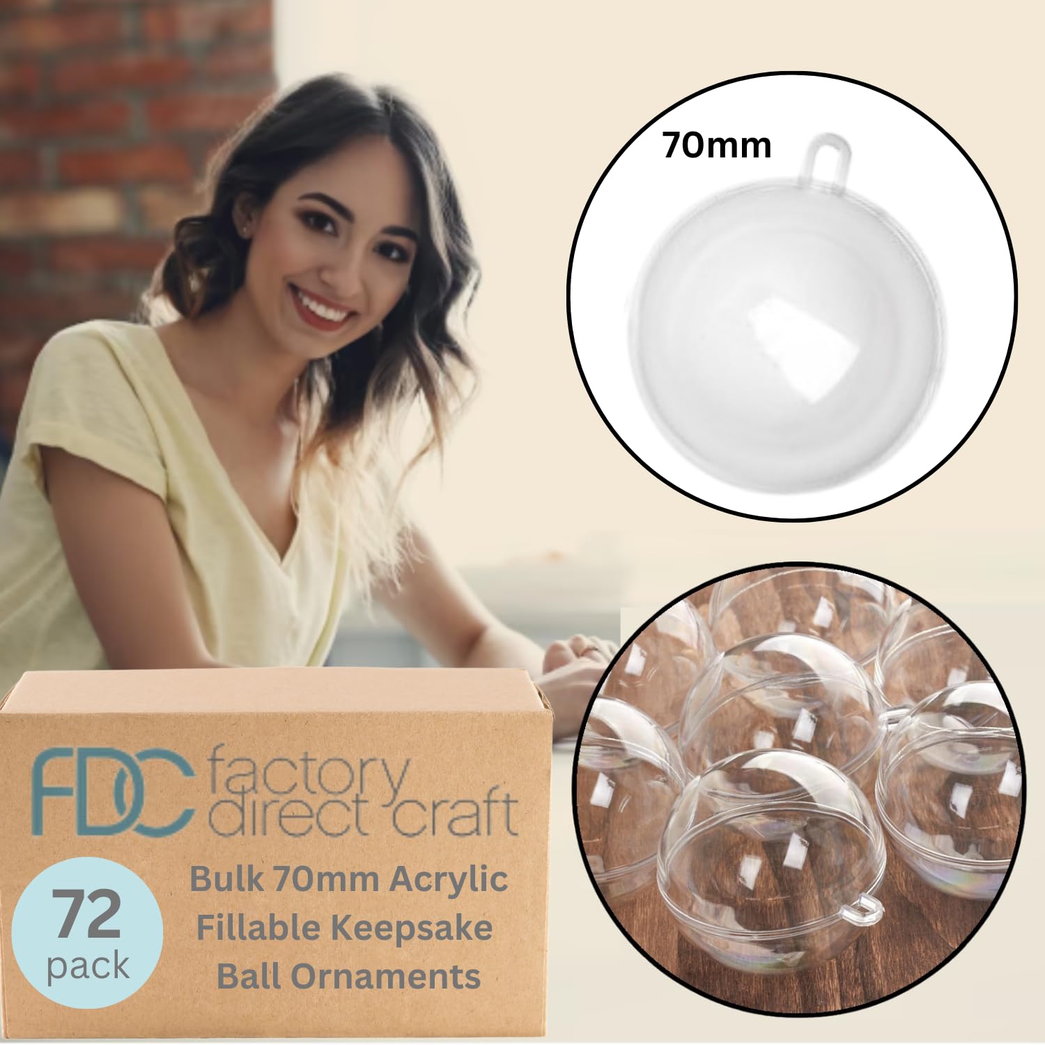 72 Pack Clear Acrylic Fillable 70mm Ball Ornaments - Transparent Plastic Christmas Decorations, Wedding Favors, DIY Crafts & Party Supplies for Holiday Decor, Gift Giving and Home Decoration