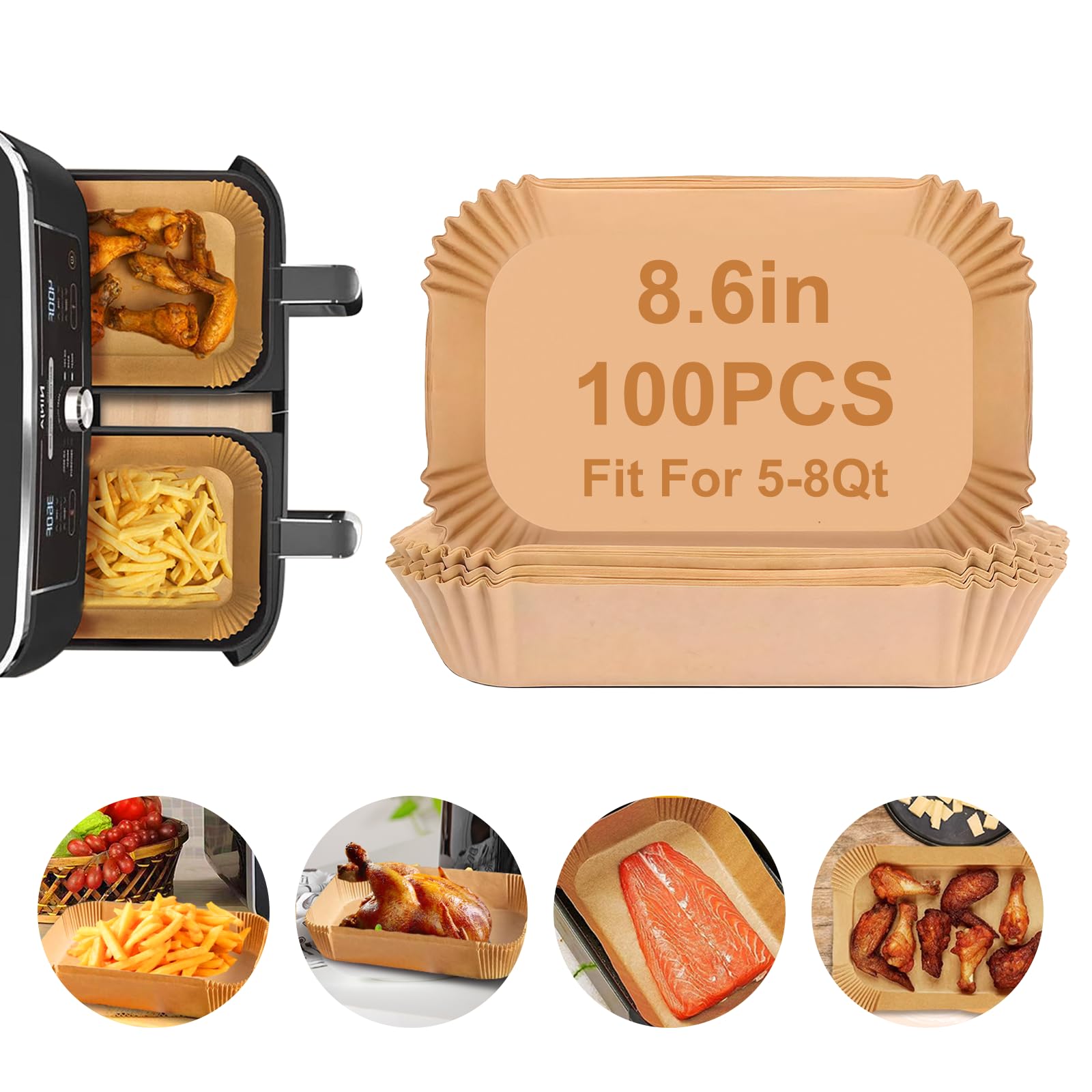 100Pcs Disposable Air Fryer Liners - Non-Stick Parchment Paper, Food Grade & Microwave Safe (8.6