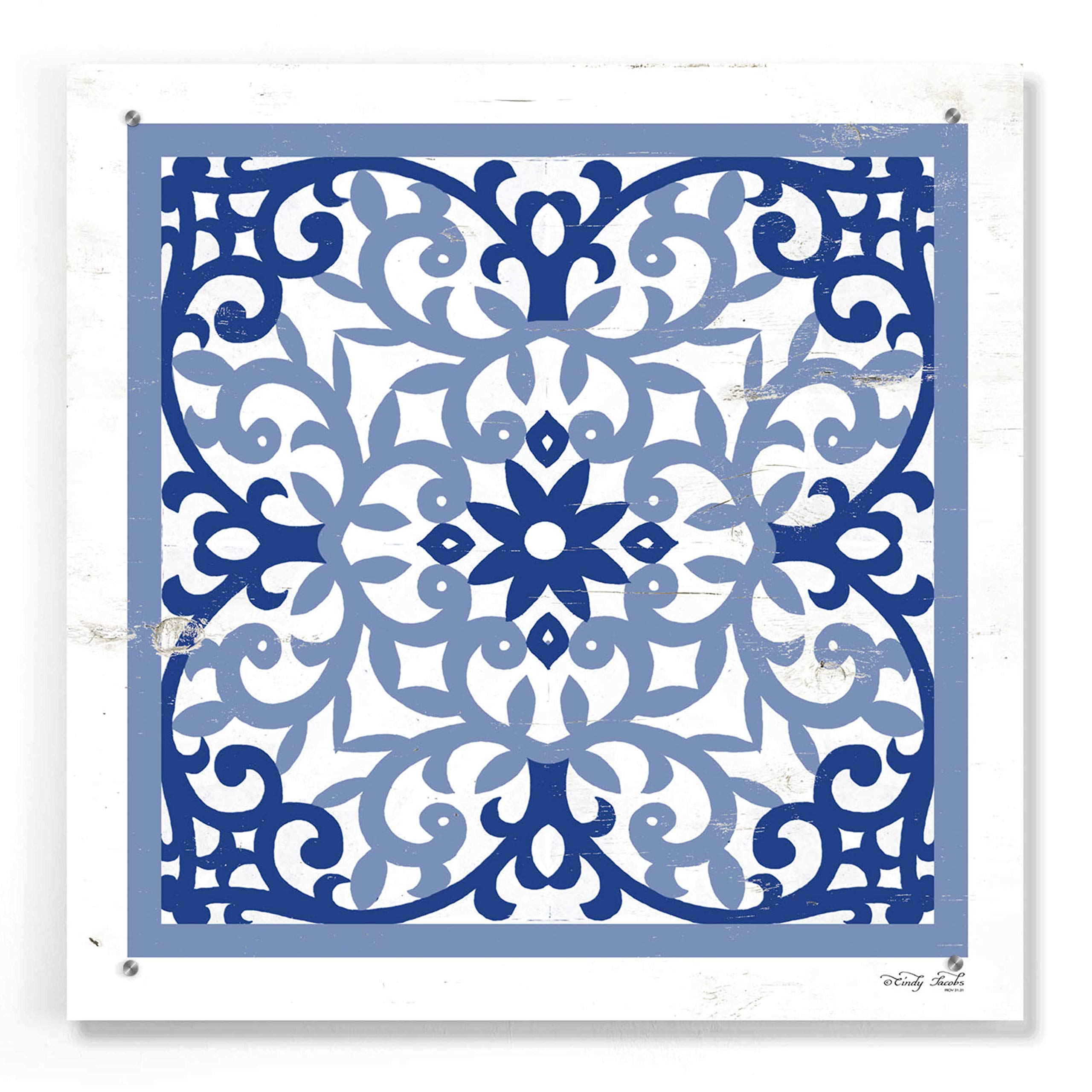Blue Tile V Abstract Wall Art by Cindy Jacobs - 24x24 Inch Acrylic Glass Canvas Painting - Modern Home & Office Decor for Living Room, Bedroom or Gallery Display