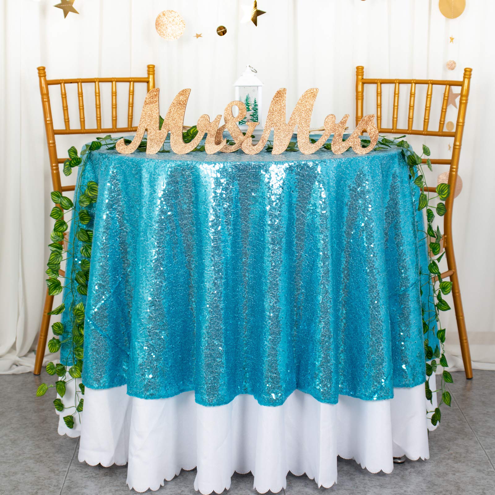 Turquoise Sequin Tablecloth 48 Inch Round - Sparkling Aqua Glitter Table Cover for Weddings, Parties & Special Events - Perfect for Cake Tables, Dining Tables & Decorative Displays