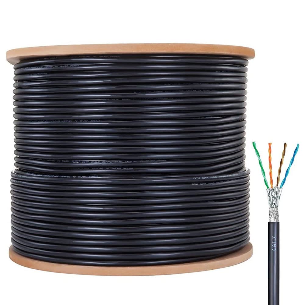 OUK-BT Cat7 Bulk Ethernet Cable 660ft - Outdoor Shielded Waterproof 26AWG S/STP 600Mhz Heavy-Duty Riser (CMR) Ethernet Cable Reel - Ideal for Home Networking, Office Setup & Outdoor Installations