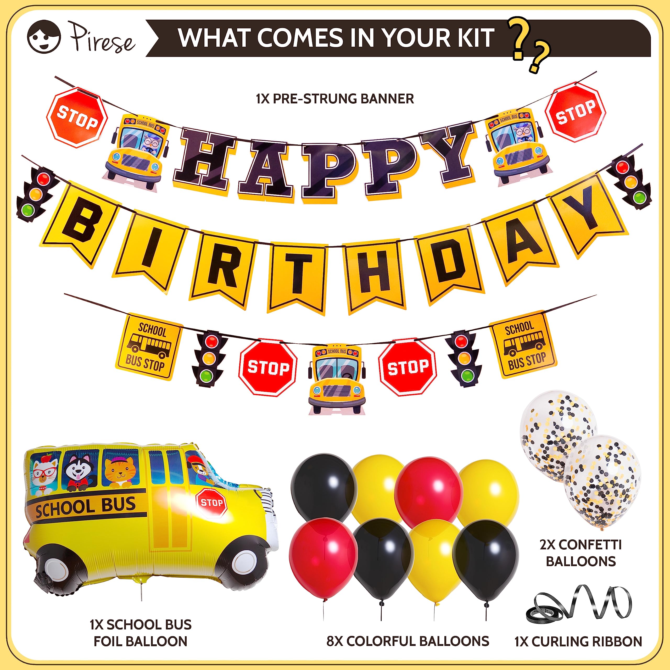 Pirese Wheels on The Bus Birthday Decorations - School Bus Party Supplies for Kids Birthday, Classroom Theme & Bus-Themed Events | School Bus Banner, Backdrop & Party Decor | Perfect for School Bus Birthday Parties, Baby Showers & Classroom Celebrations