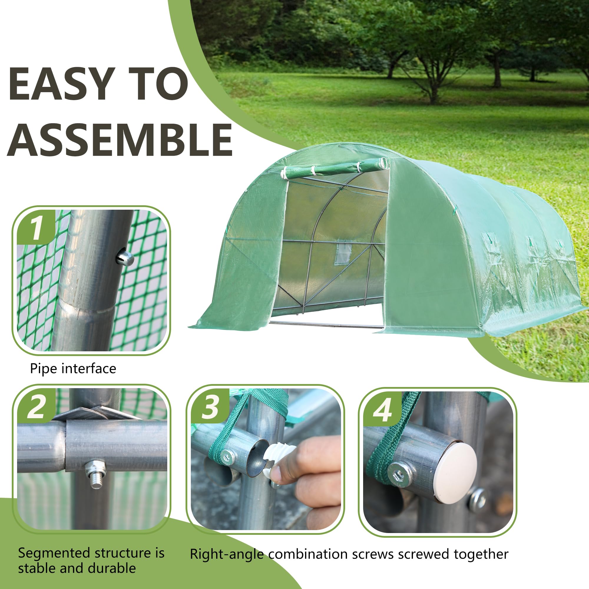 15x7x7FT Portable Greenhouse Tunnel with Sturdy Metal Frame & PE Cover - 6 Retractable Curtains, Double Zippers for Flowers, Plants & Vegetables | Perfect for Backyard Gardening, Urban Farming & Year-Round Plant Protection (Green)