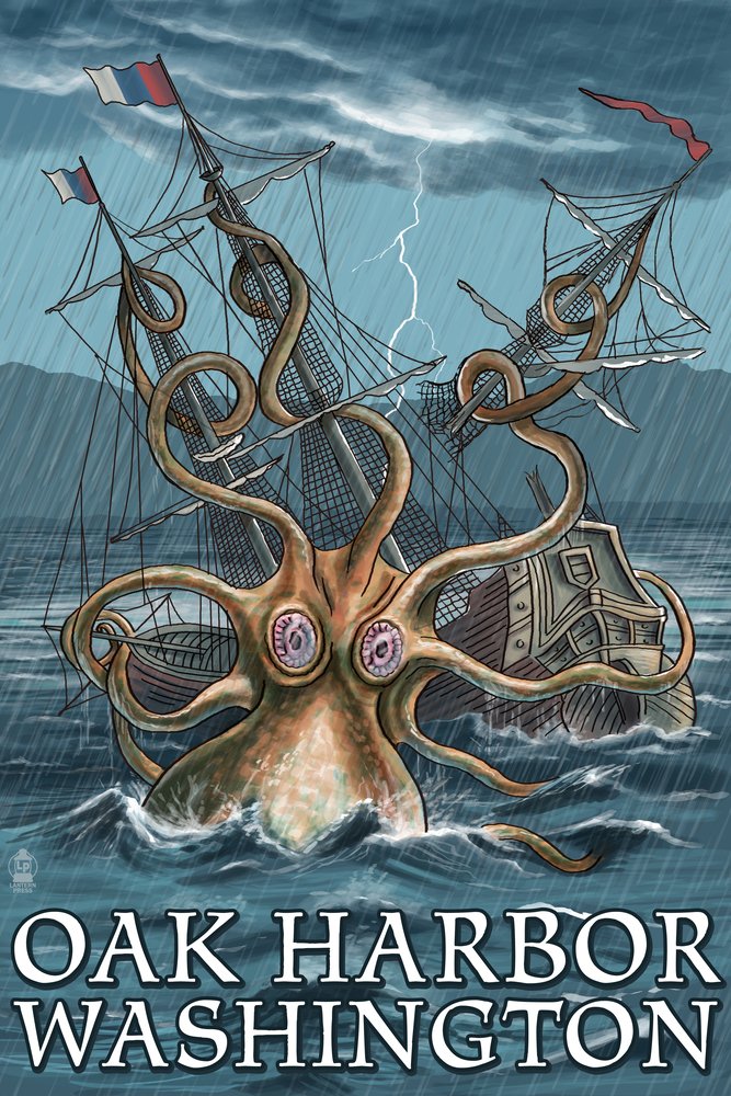 Kraken Attacking Ship Art Print - 24x36 Signed Master Wall Decor Poster | Nautical Themed Home & Office Decor | Oak Harbor Washington Inspired Artwork