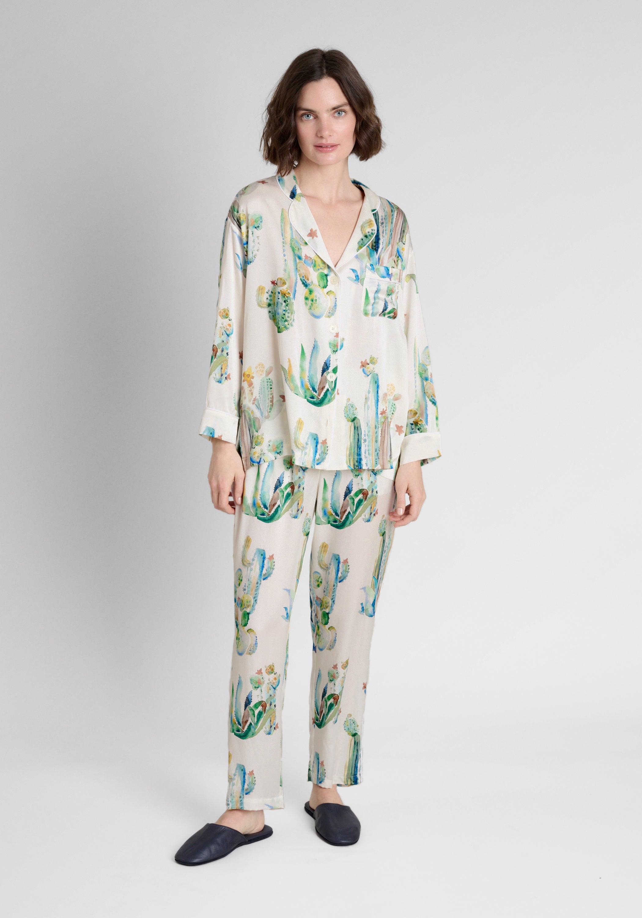 Washable Silk Marina Pajama Set - Cacti Watercolor Print Women's Sleepwear | Soft & Breathable Pajamas for Lounge, Sleep & Relaxation at Home
