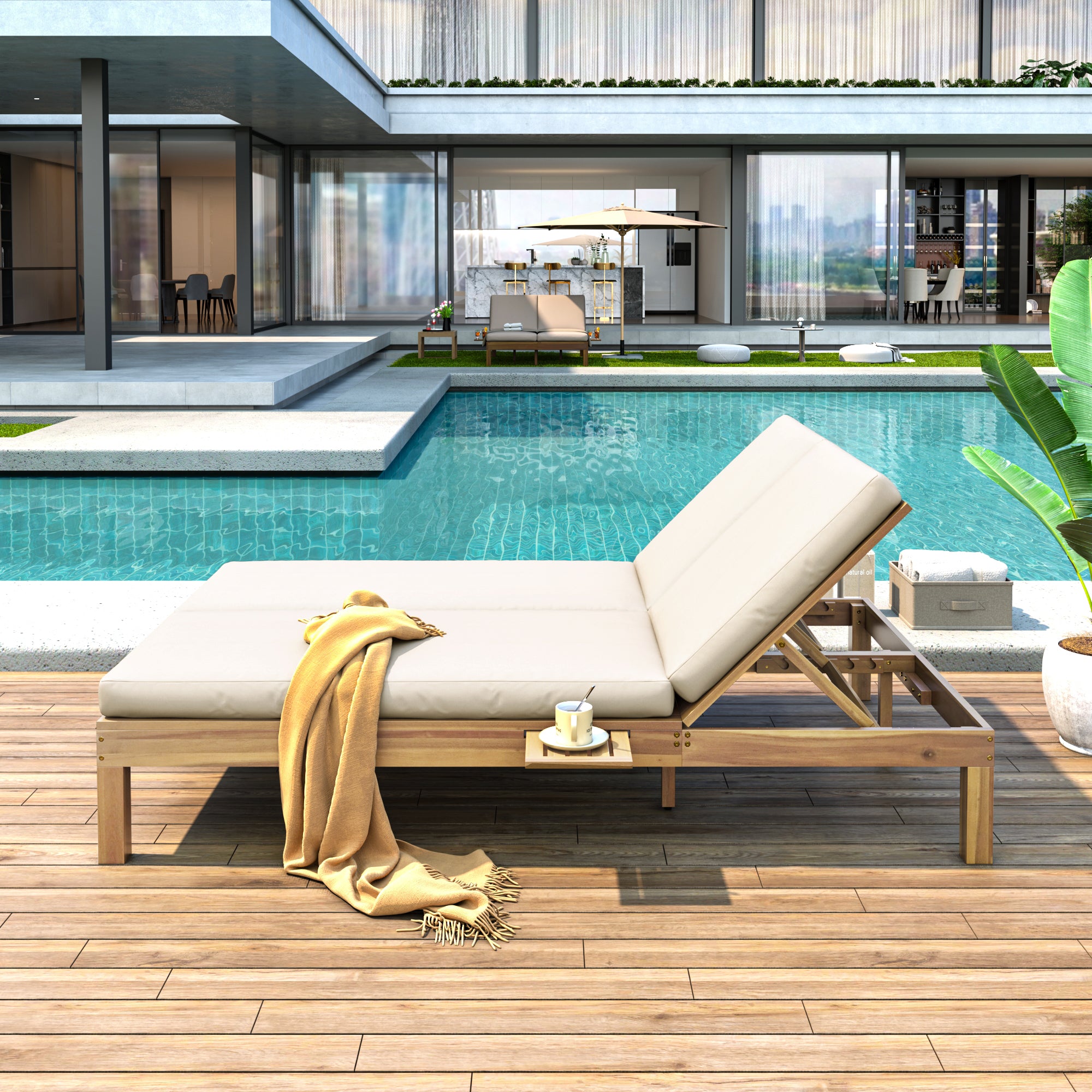 5-Position Adjustable Backrest Outdoor Chaise Lounge Daybed with Cushion & Folding Side Trays - Patio Poolside Garden Furniture for 2 People - Perfect for Sunbathing, Relaxing by the Pool or Backyard Lounging