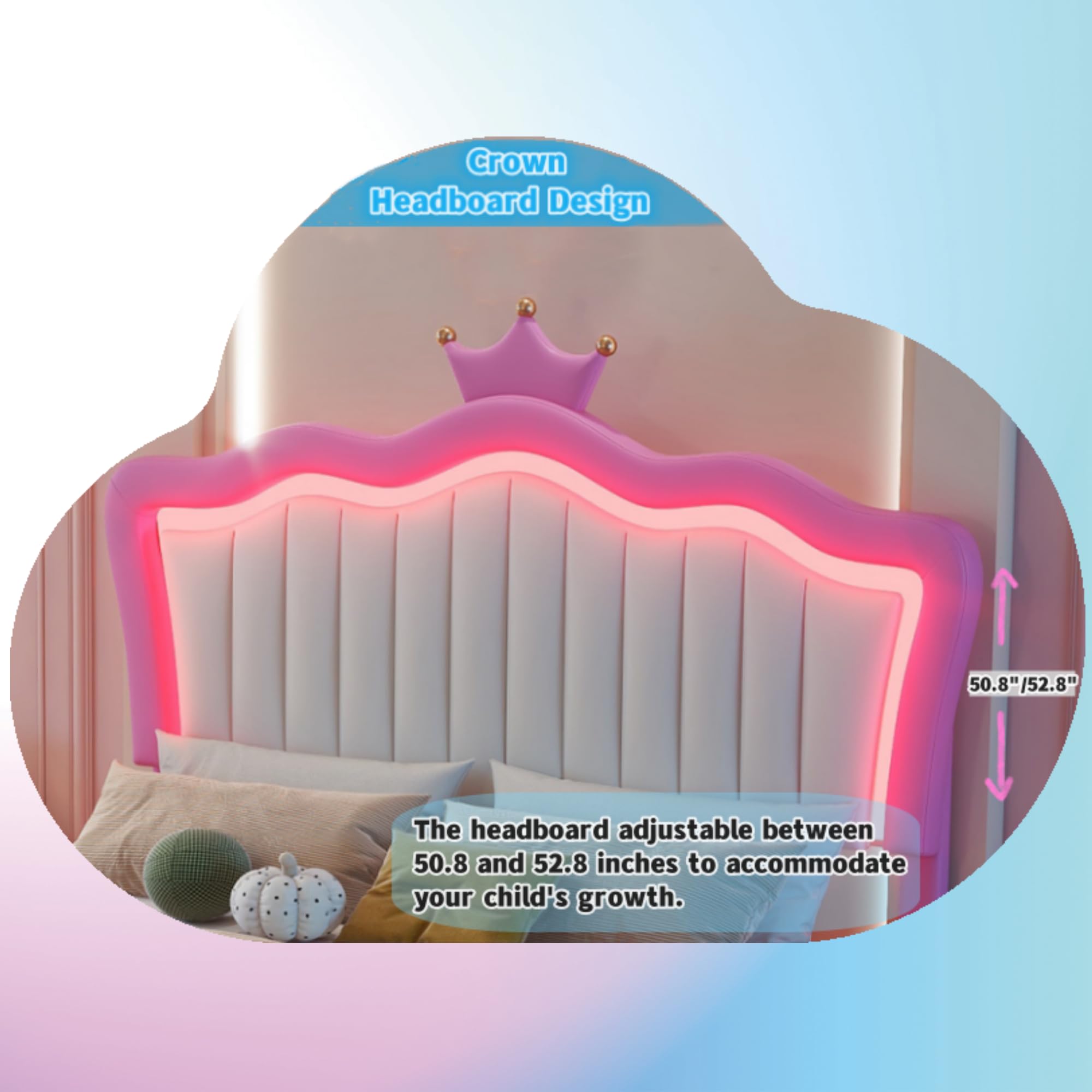 Linique Full Size Upholstered Bed Frame with LED Lights - Modern Princess Bed with Crown Headboard in Pink & White - Perfect for Girls' Bedroom, Teen Room Decor & Luxury Bedroom Makeover