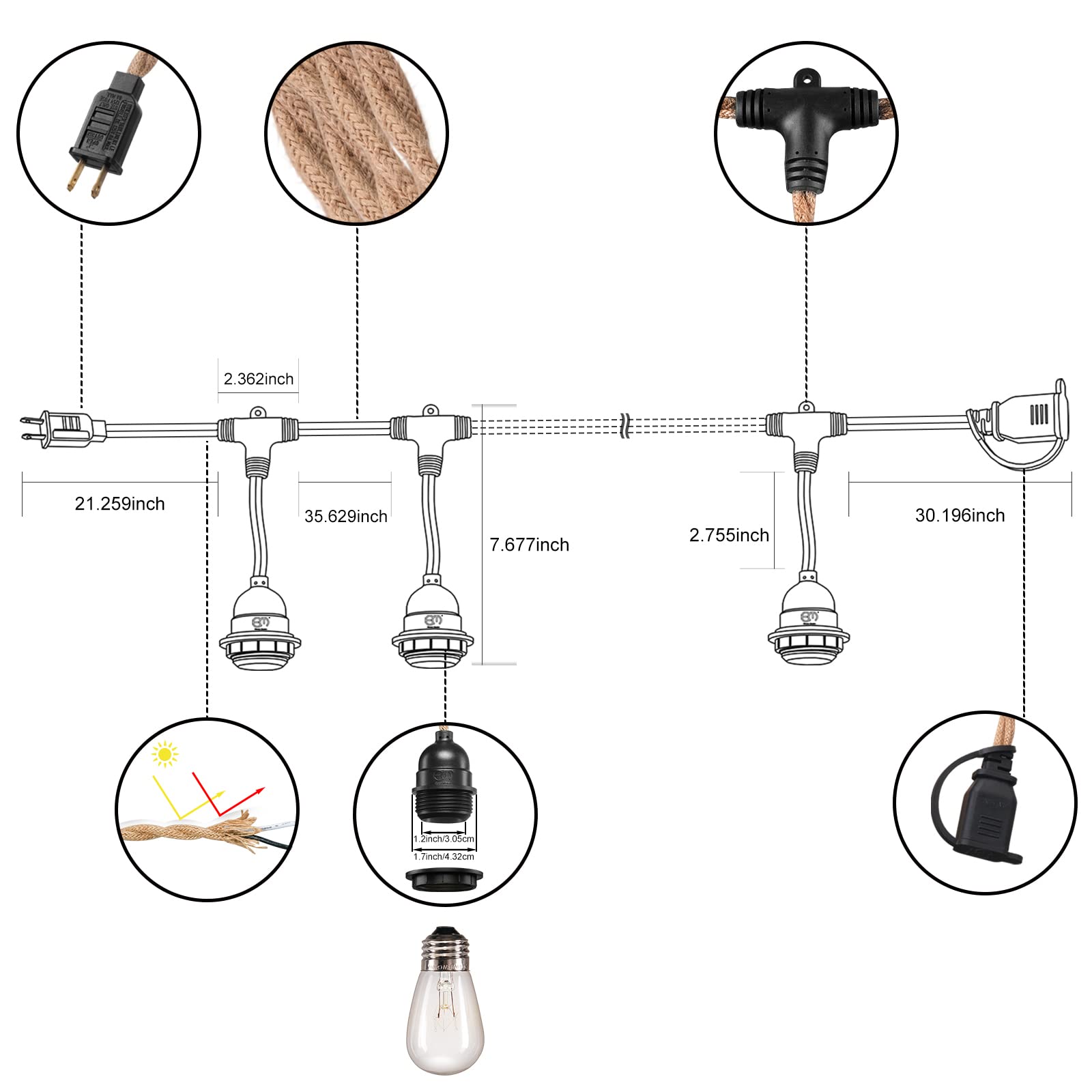 48 FT Hemp Rope Outdoor String Lights - Waterproof & Shatterproof Commercial Grade E26 S14 Bulbs - Perfect for Patio, Garden, Backyard & Wedding Decor