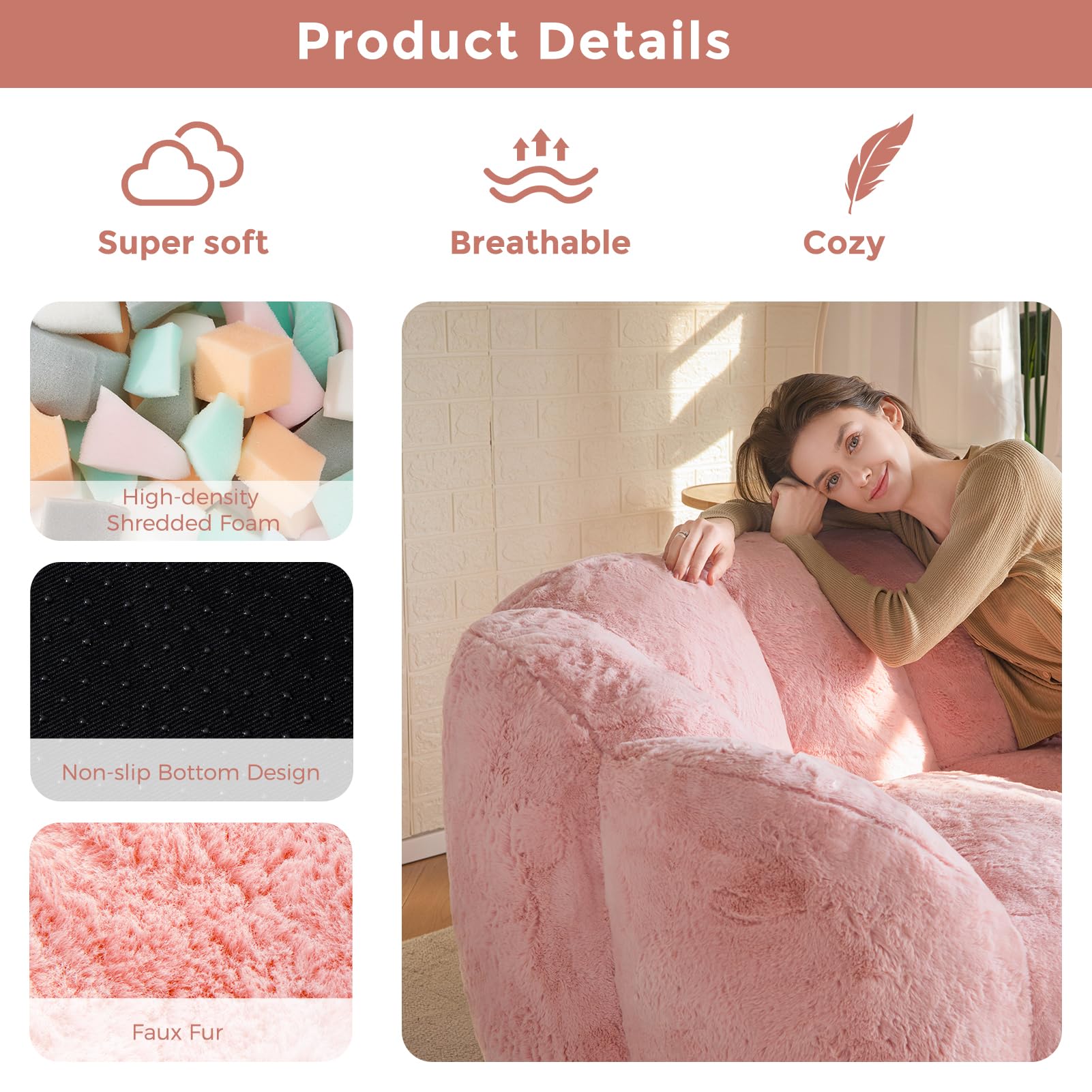 MAXYOYO Ultra Soft Faux Fur Bean Bag Chair - Double Size Loveseat with Floral Petal Back Design for Adults (Pink) | Perfect for Living Room, Bedroom, Dorm & Game Room Relaxation