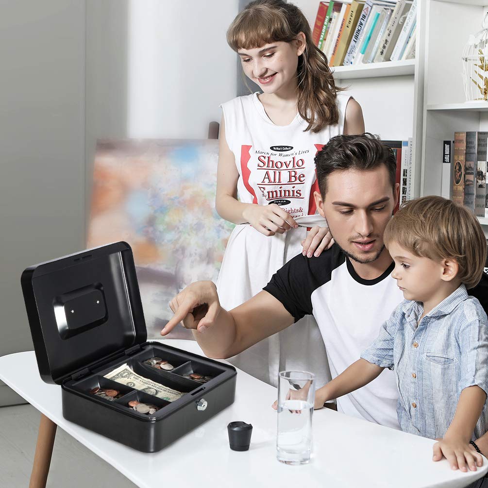 Jssmst Heavy Duty Metal Cash Box with Money Tray - Secure Locking Money Storage Box for Business, Home & Office Use - Black