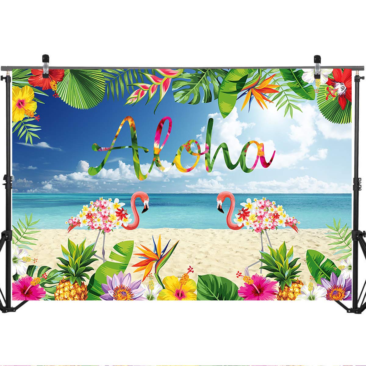 7x5ft Hawaiian Beach Flamingo Tropical Party Backdrop - Vinyl Photo Booth Background for Summer Birthday, Luau, Aloha Decorations & Let's Flamingle Events - Perfect for Beach Themed Parties, Baby Showers & Tropical Photography