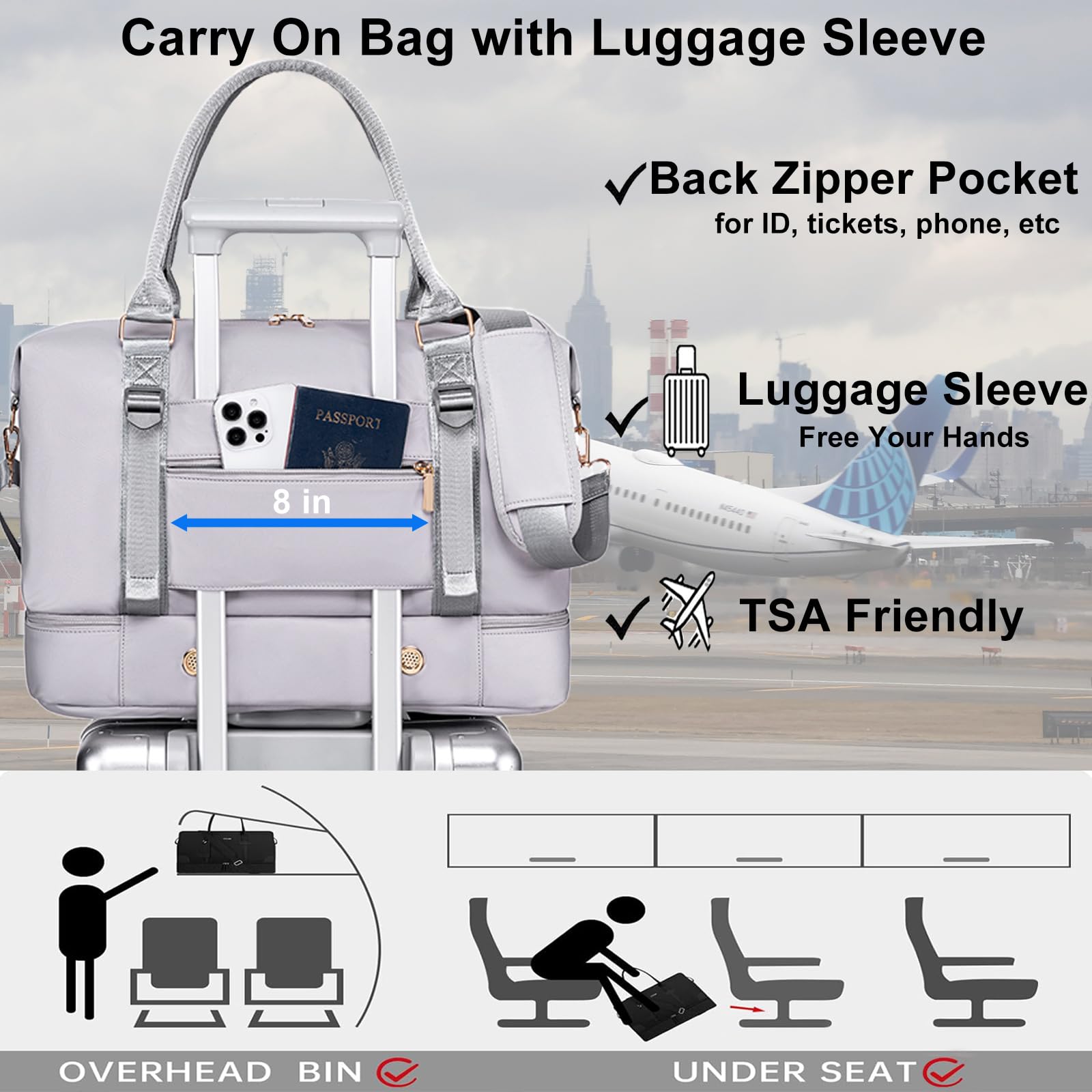 Weiatas Travel Duffel Bag for Women - Lightweight Weekender Overnight Gym Bag with Shoe Compartment & Wet Pocket, Carry On Luggage with Yoga Mat Strap (Grey) - Perfect for Gym, Yoga, Weekend Trips & Air Travel