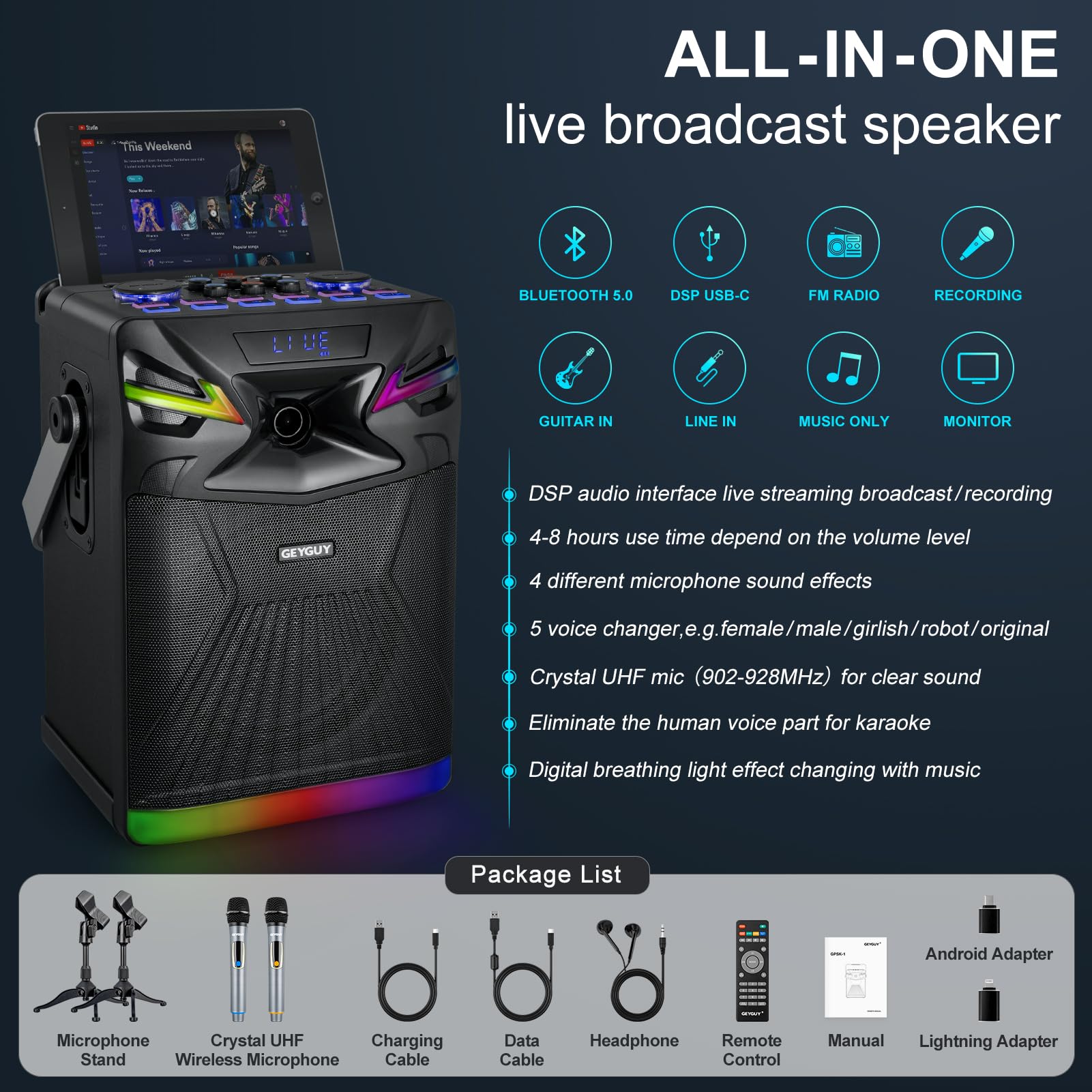 Professional DSP Bluetooth Karaoke Machine with 2 Wireless Mics - 6.5