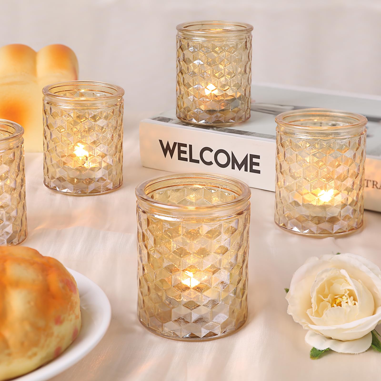 12-Piece Gold Glass Votive Candle Holders - Elegant Tea Light Candle Holders for Wedding Centerpieces, Party Decor, Baby Shower Table Decorations - Perfect for Romantic Dinners, Holiday Decor & Special Events