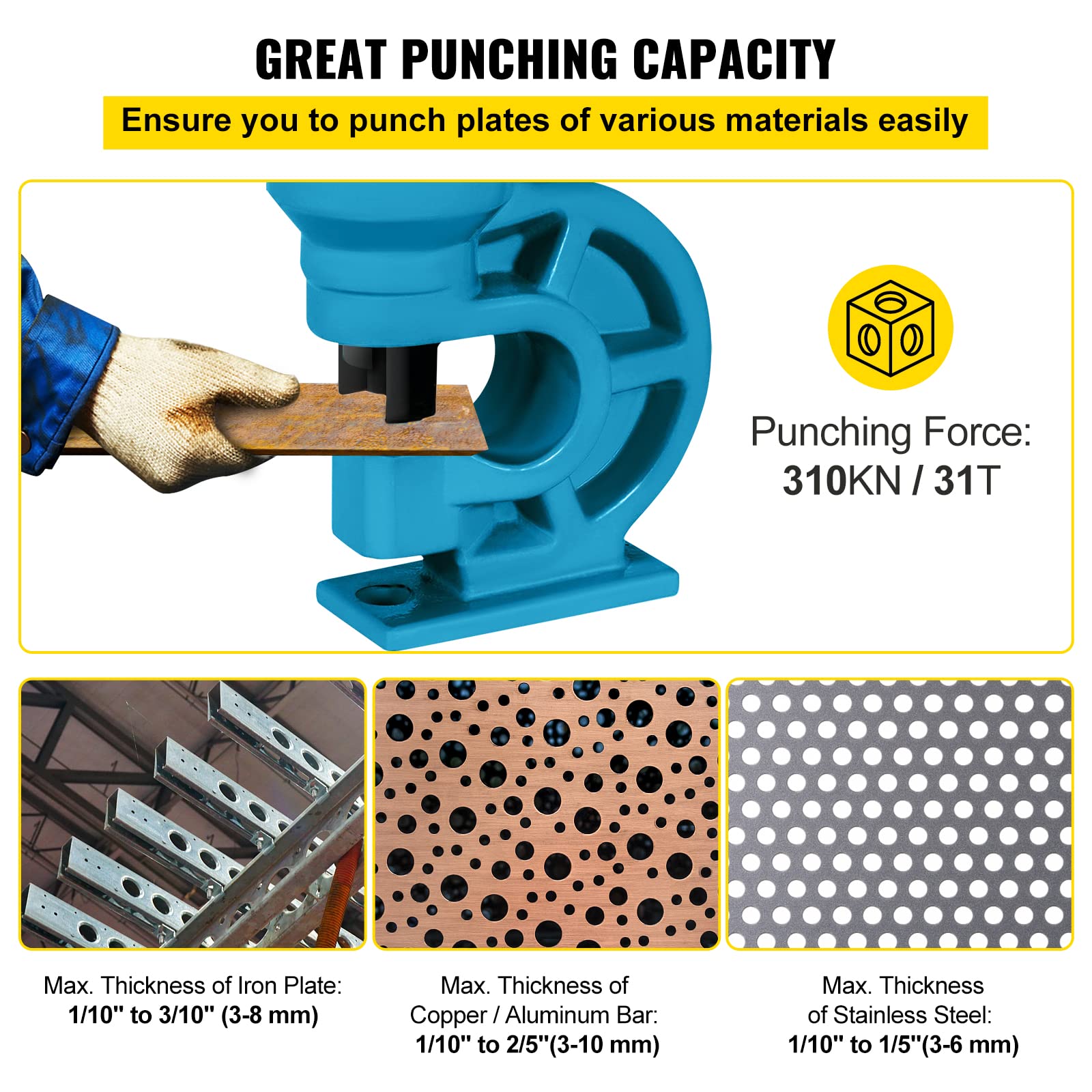 Happybuy CH-60 Hydraulic Hole Punching Tool - 31T Heavy Duty Hole Digger & Force Puncher for Iron Plate, Copper Bar, Aluminum & Stainless Steel - Perfect for Metal Fabrication, Electrical Installations & DIY Projects