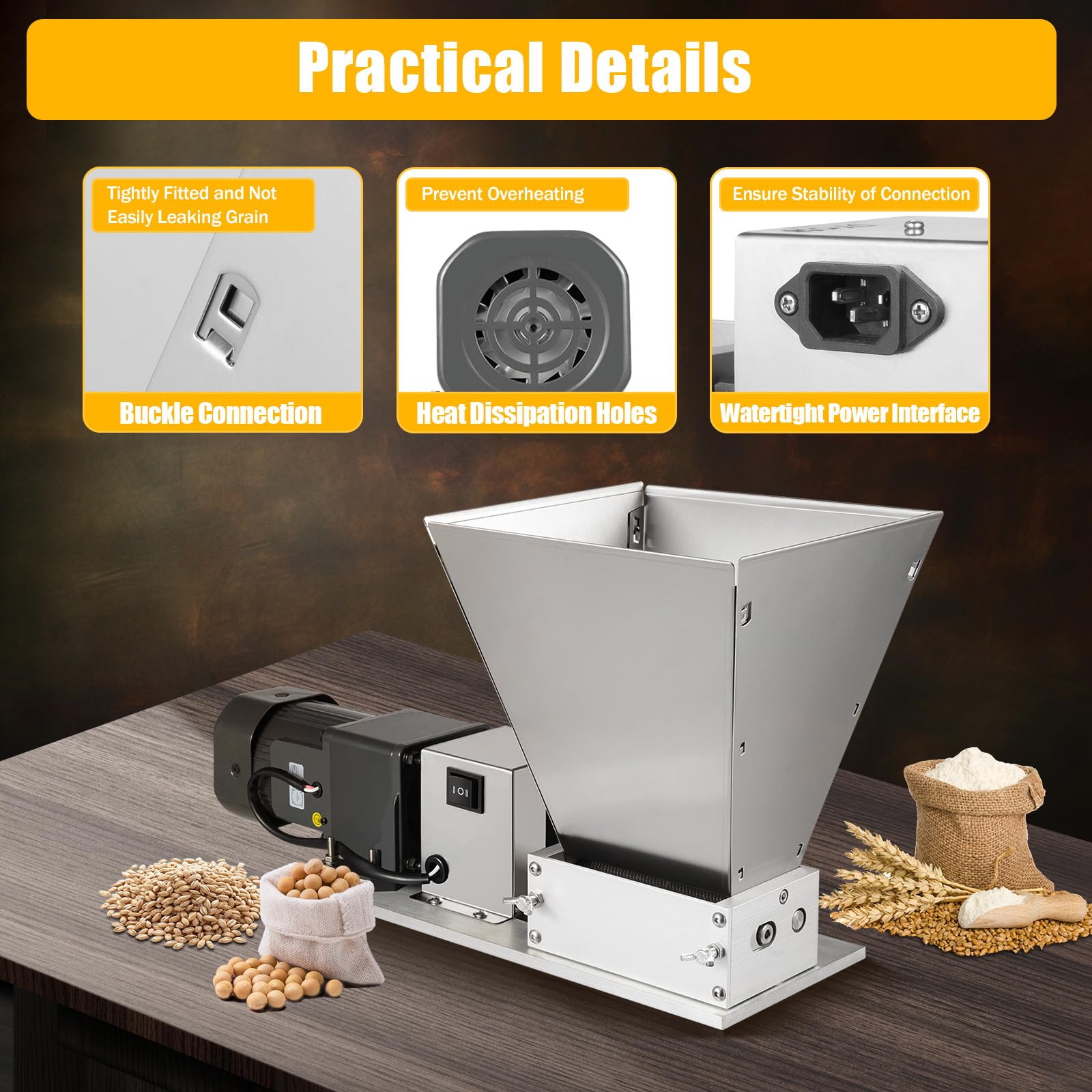 Premium Electric Grain Mill Grinder - 4L Stainless Steel Barley Malt Crusher for Corn, Cereal & Feed - Home Brewing & Baking Machine - 110V Commercial & Home Use - Perfect for Beer Making, Bread Flour & Animal Feed Preparation